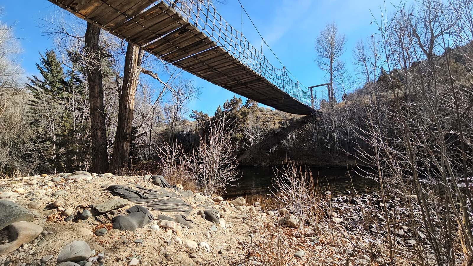 The swinging bridge at Brush Creek Ranch.