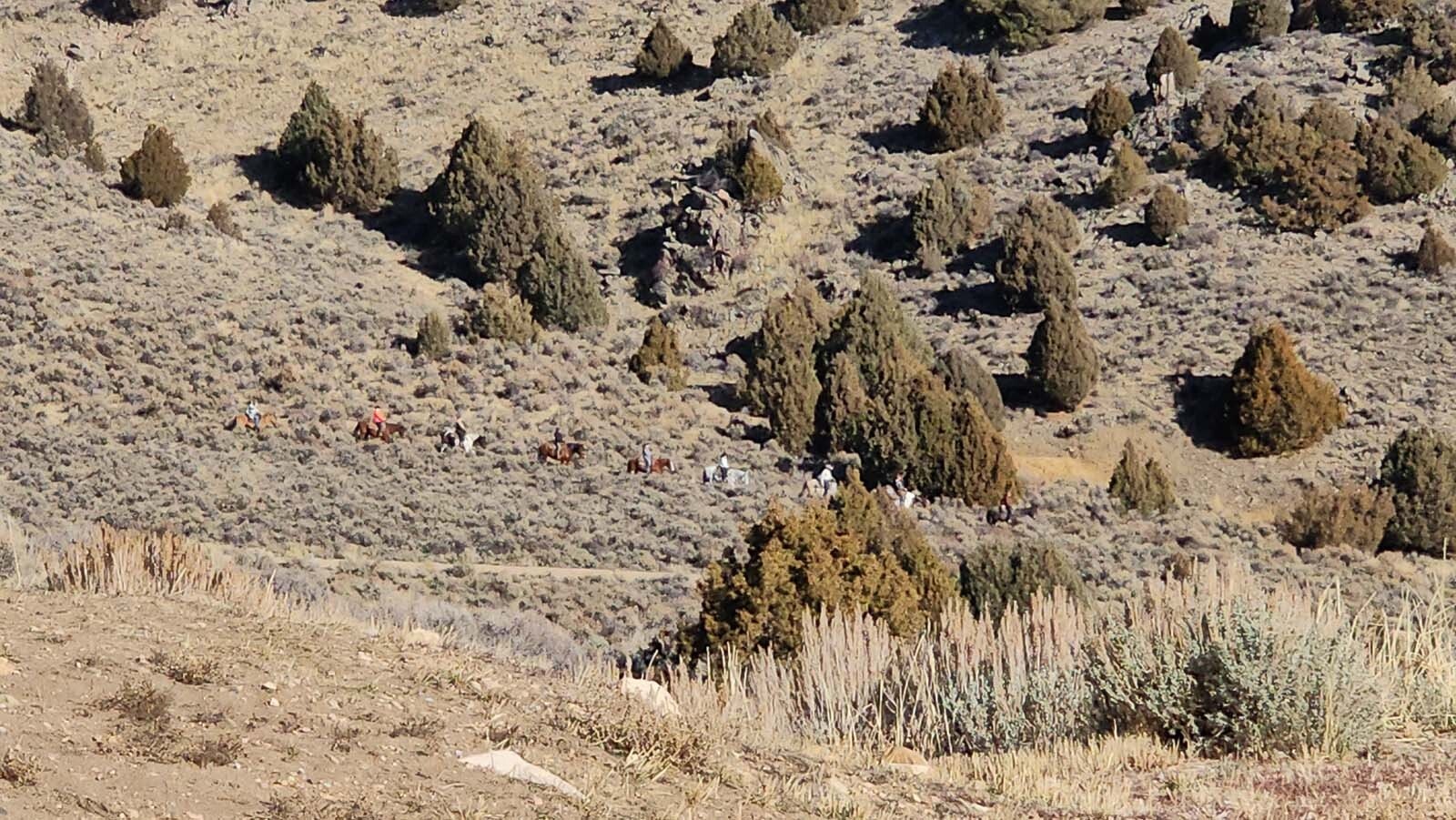 A group of horseback riders head into the hills at Brush Creek Ranch.