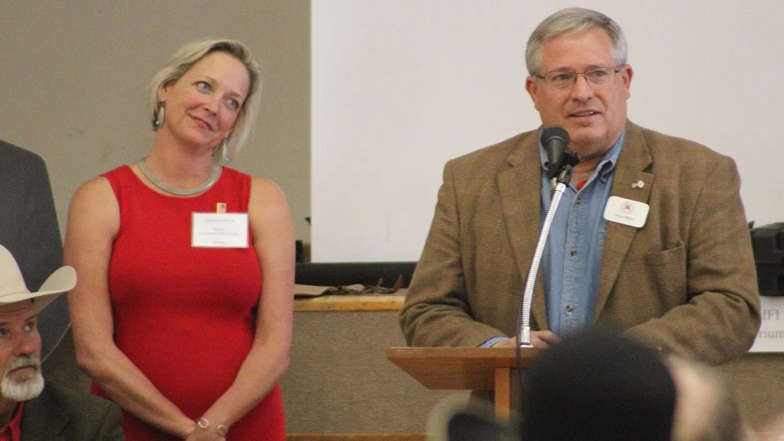Constitution Party gubernatorial candidate Rebecca Bextel, left, and Wyoming Republican Party Chairman Bryan Miller.
