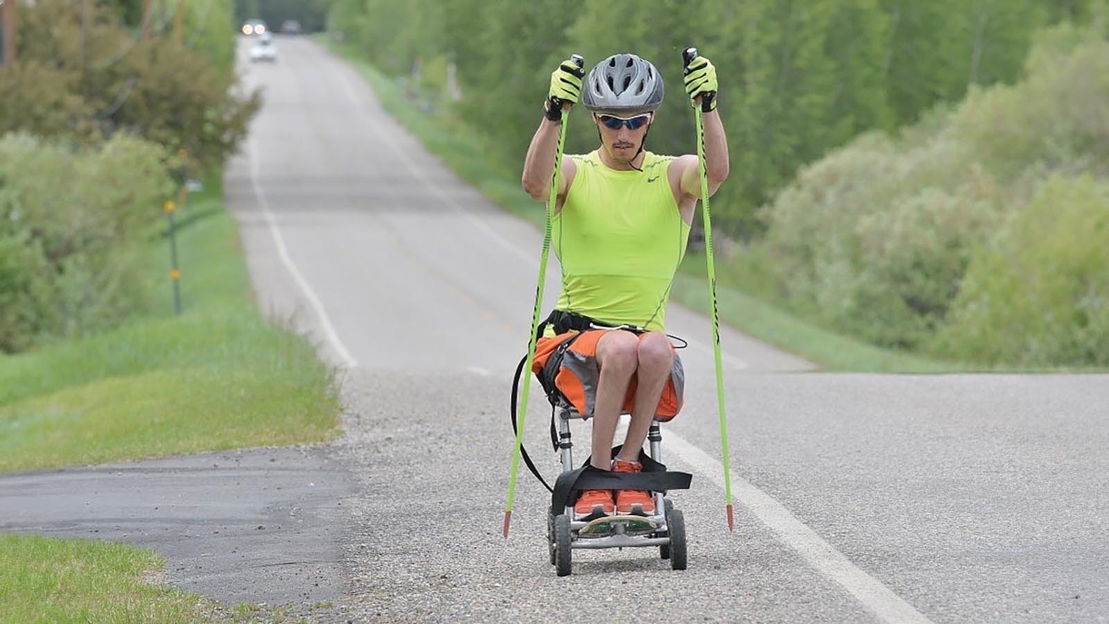 Bryan Price became an international competitor after learning about cross-country skiing and biathlon. Here he puts in some road work.