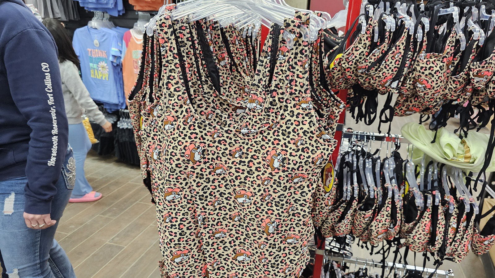 Adult swimsuits with Buc-ee's Beavers all over them.