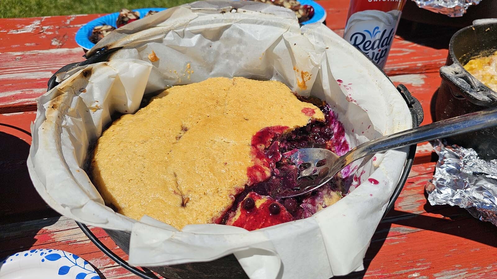 Dutch oven blueberry cobbler is among the desserts in the Esterbrook Church's potluck for Buckboard Sunday.