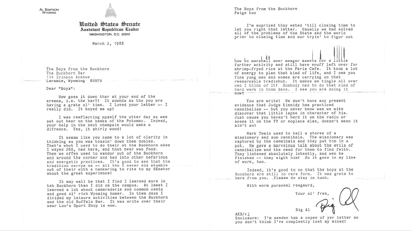 U.S. Sen. Al Simpson, R-Wyoming, wrote this response to a letter he received from a group of Buckhorn Bar patrons.