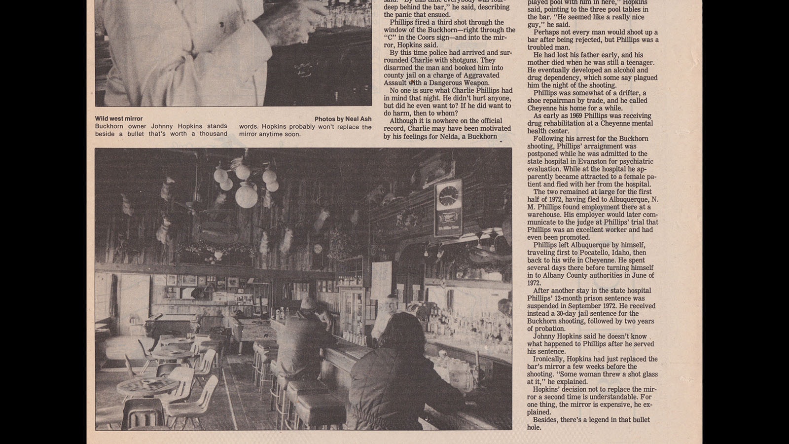 A local newspaper account of a shootout at the Buckhorn that's still legendary today. A bullet hole through the bar's back mirror from the shooting is still there.