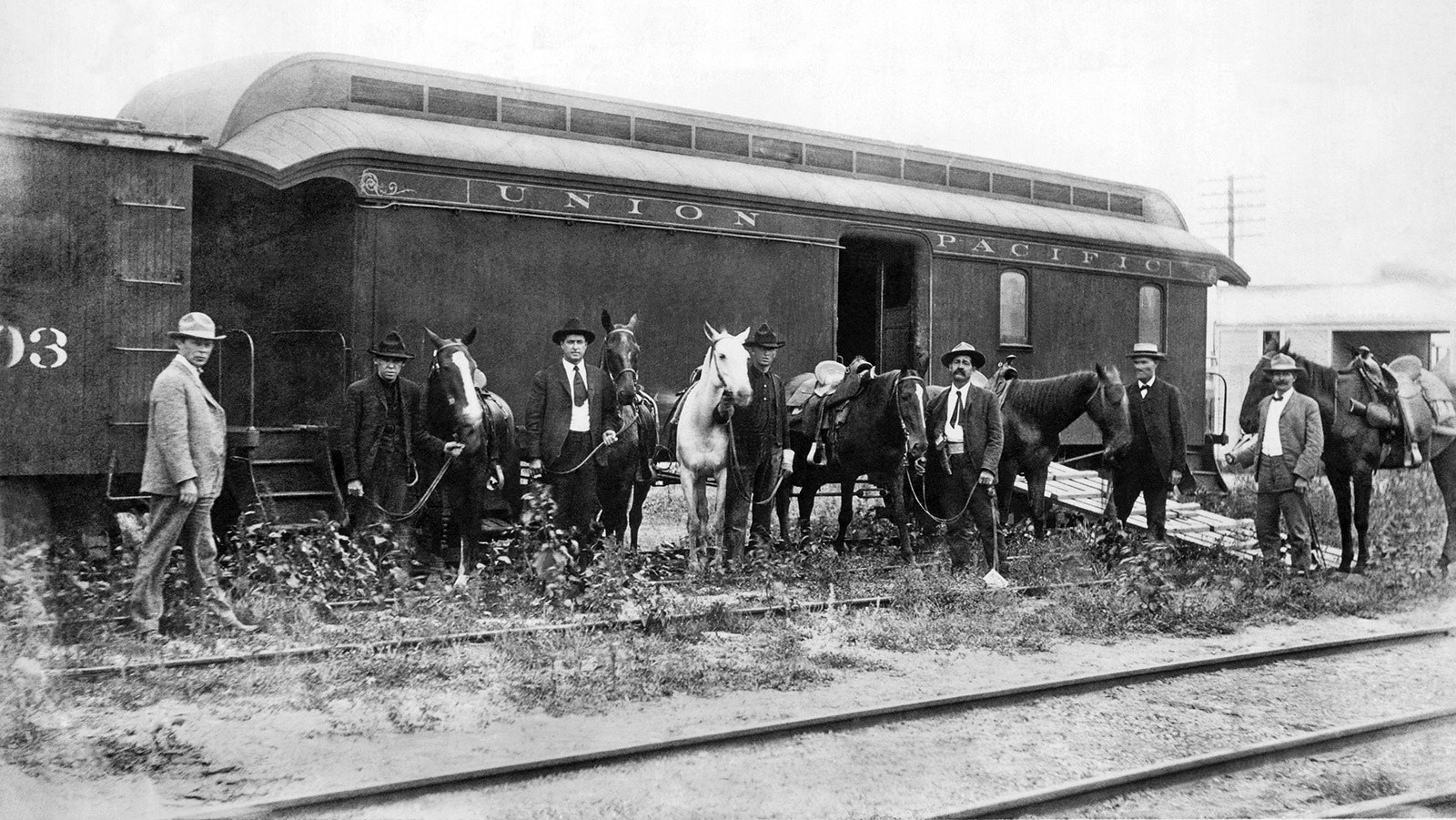 The special car of the Union Pacific Railroad for the mounted rangers organized by UP Special Agent Timothy Keliher to stop the Wild Bunch Gang led by Butch Cassidy and the Sundance Kid.