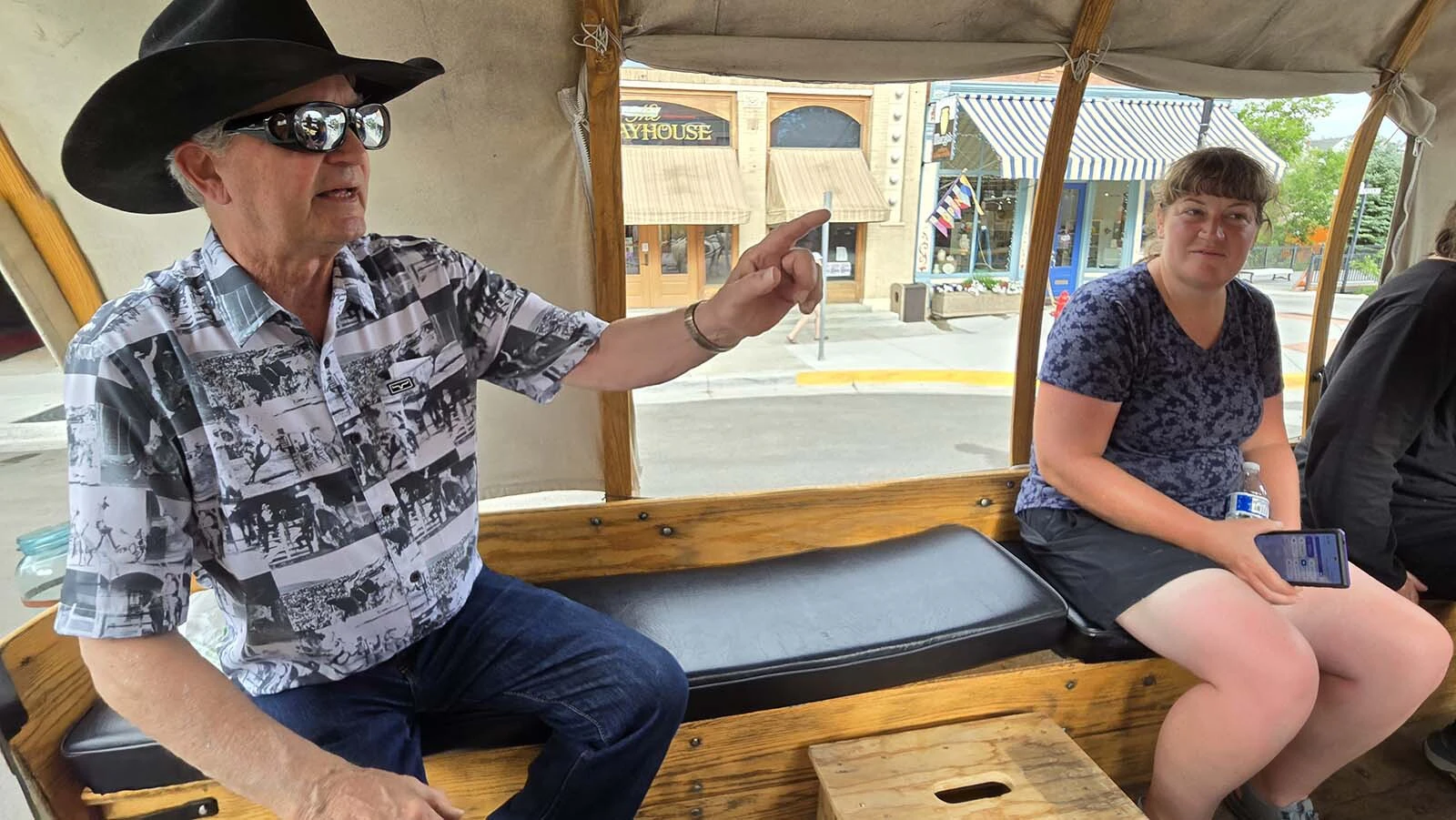 Richard Kendall points out the Occidental Hotel during a Moonhitch Wagon tour in Buffalo.