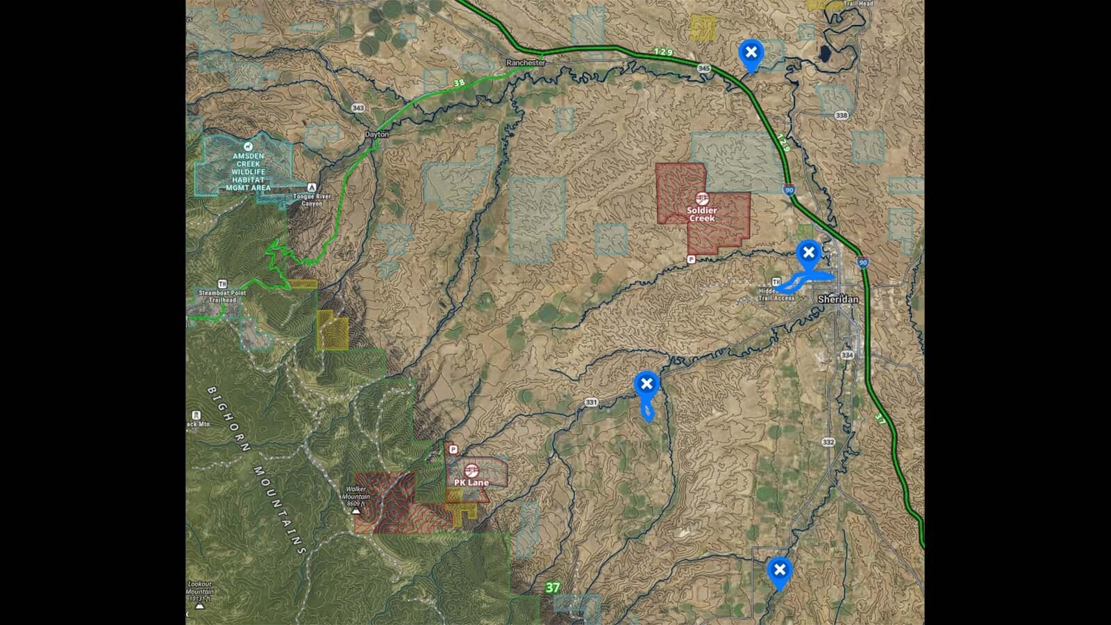 Map of documented bullfrog populations in drainages and private ponds in the Sheridan area.