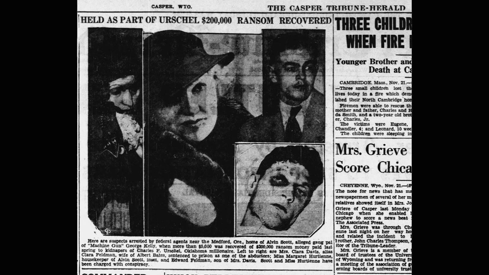 The Casper Tribune-Herald on Nov. 11, 1934, carried the news on the arrest of Clara Feldman and associates.