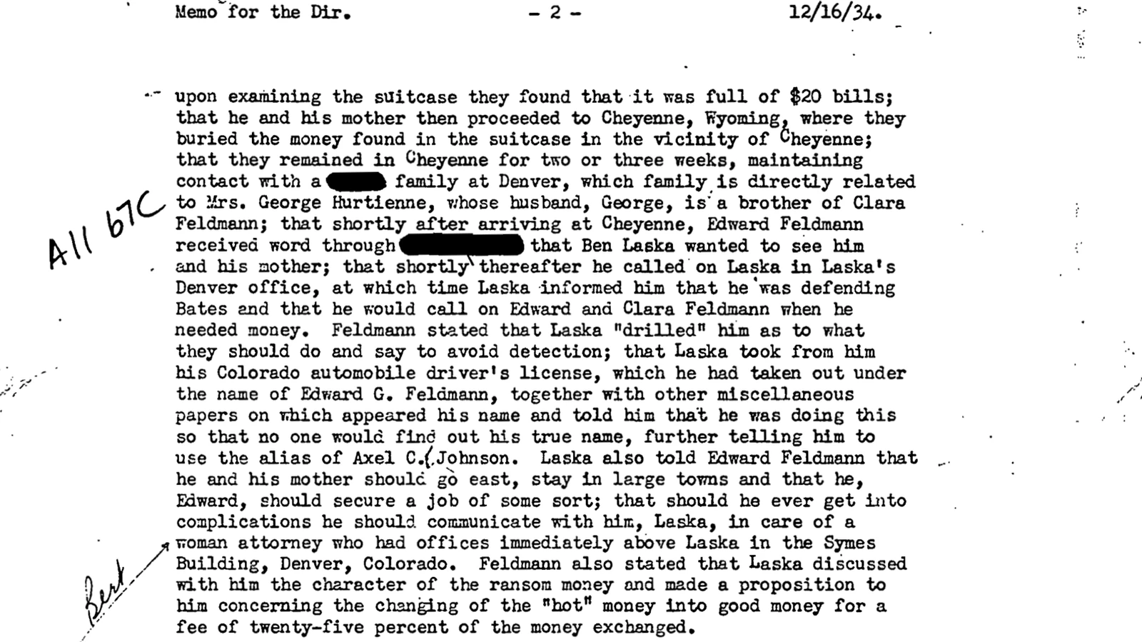 A FBI file from Dec. 16, 1934, contains Edward Feldman’s testimony about the burial of kidnapping cash in Cheyenne.