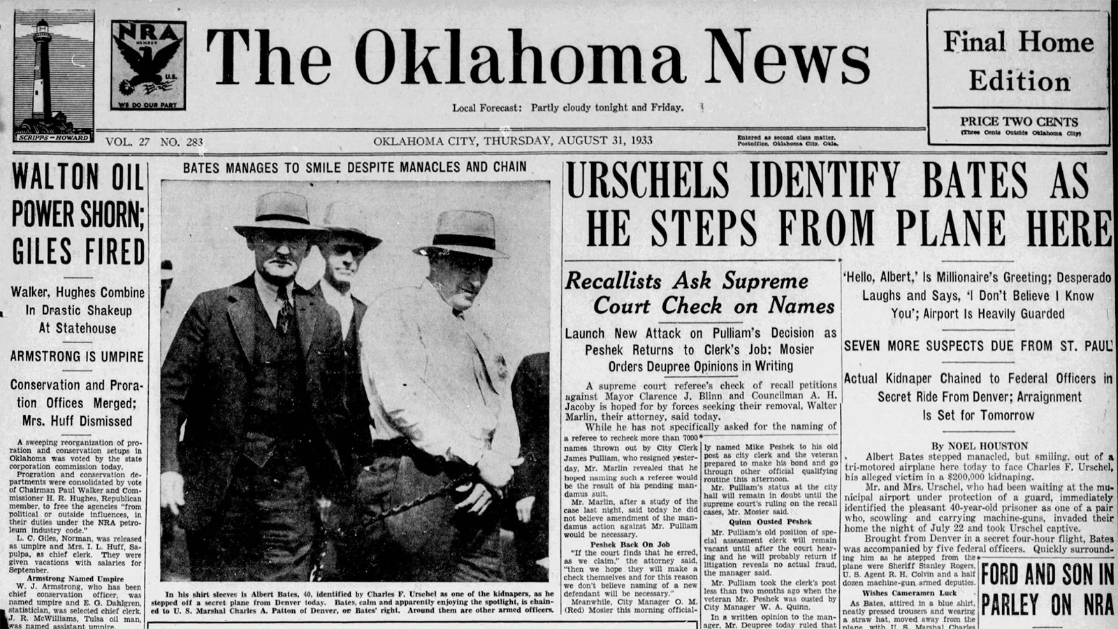 The Oklahoma News on Aug. 31, 1933, reported on Albert Bates being brought back to Oklahoma from Denver to face trial for the kidnapping.