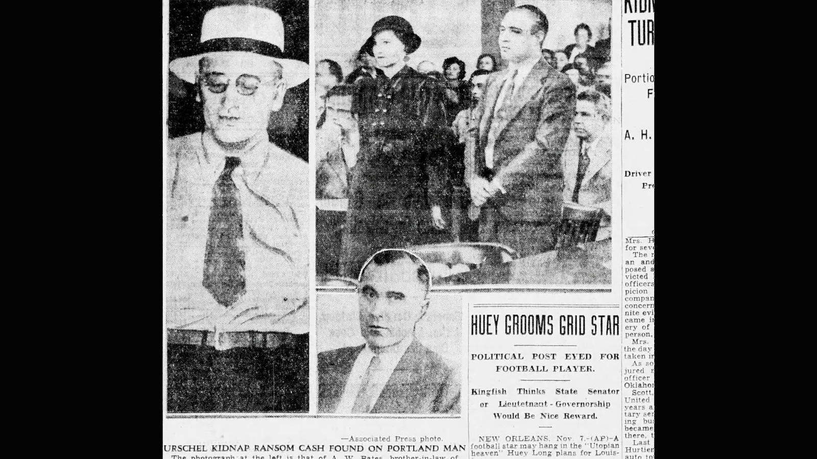 The Oregonian on Nov. 8, 1934, reported on the arrest of Clara Feldman and others who possessed kidnapping cash. The photo from left are Albert Bates, Kathryn and George “Machine Gun” Kelly, and an inset of kidnapping victim, Charles Urschel.