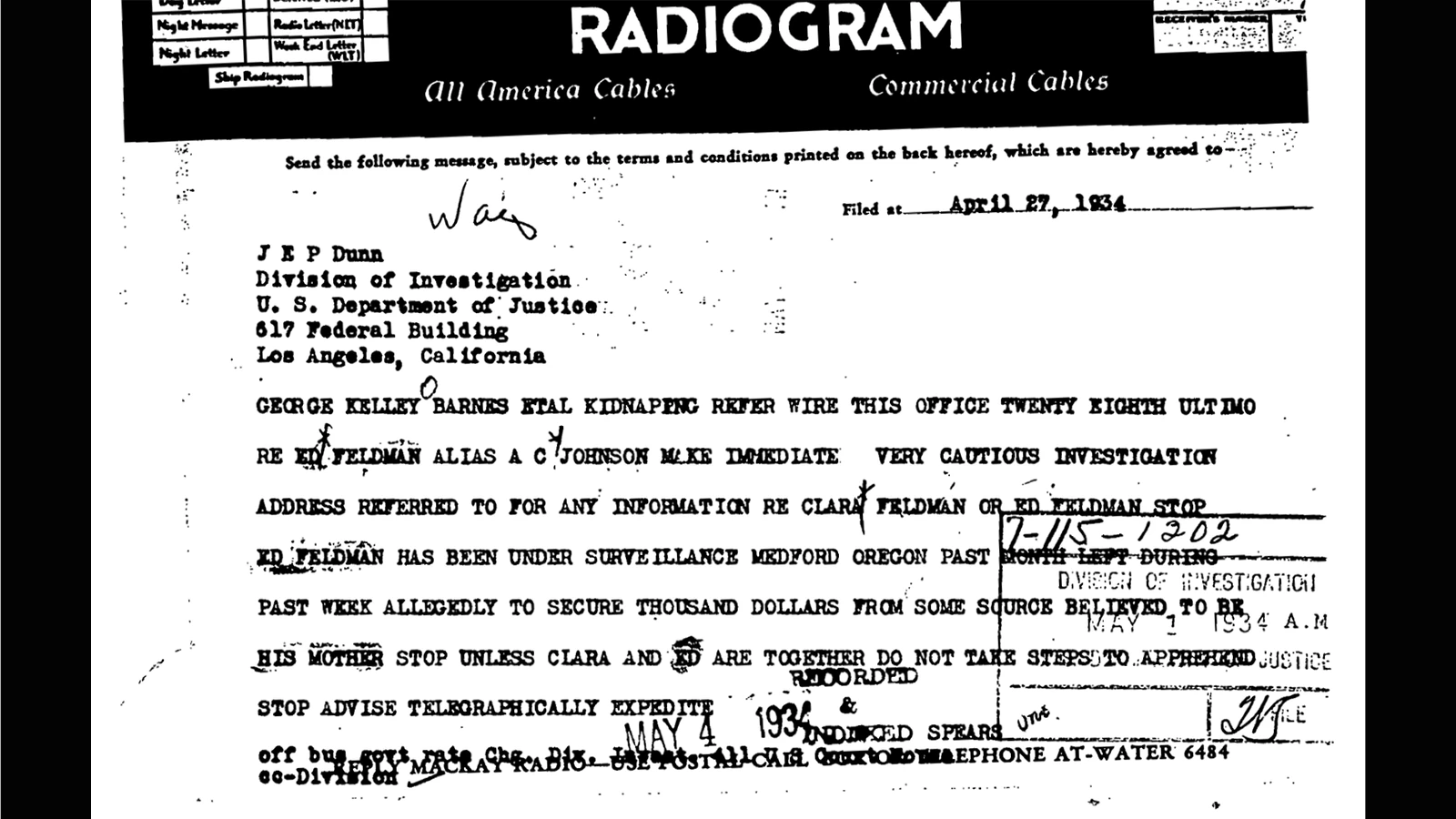 A telegram in the FBI files of surveillance of Clara Feldman’s family in attempt to find her.