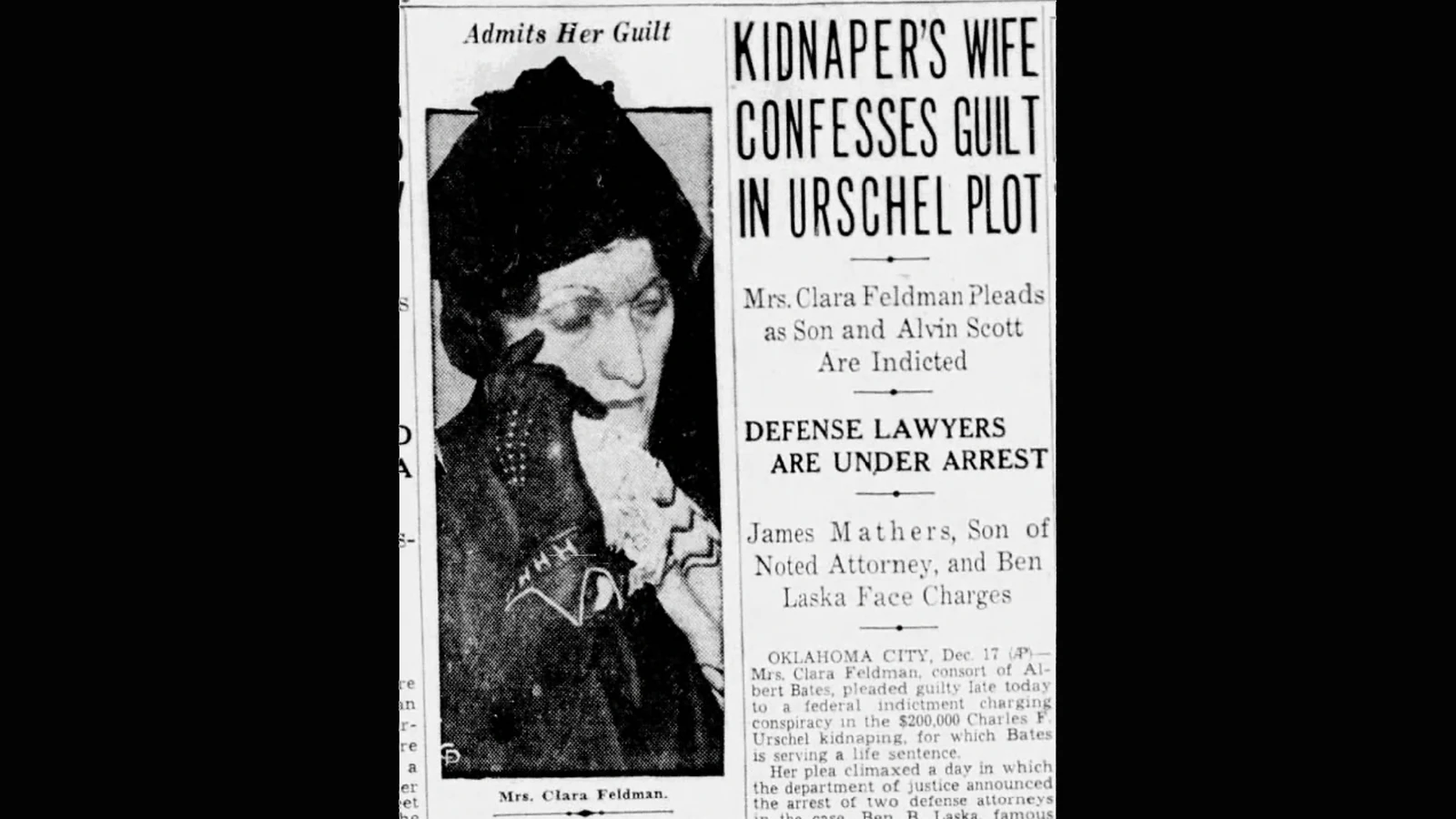 The Tulsa World newspaper on Dec. 18, 1934, reported on Clara Feldman’s guilty plea.