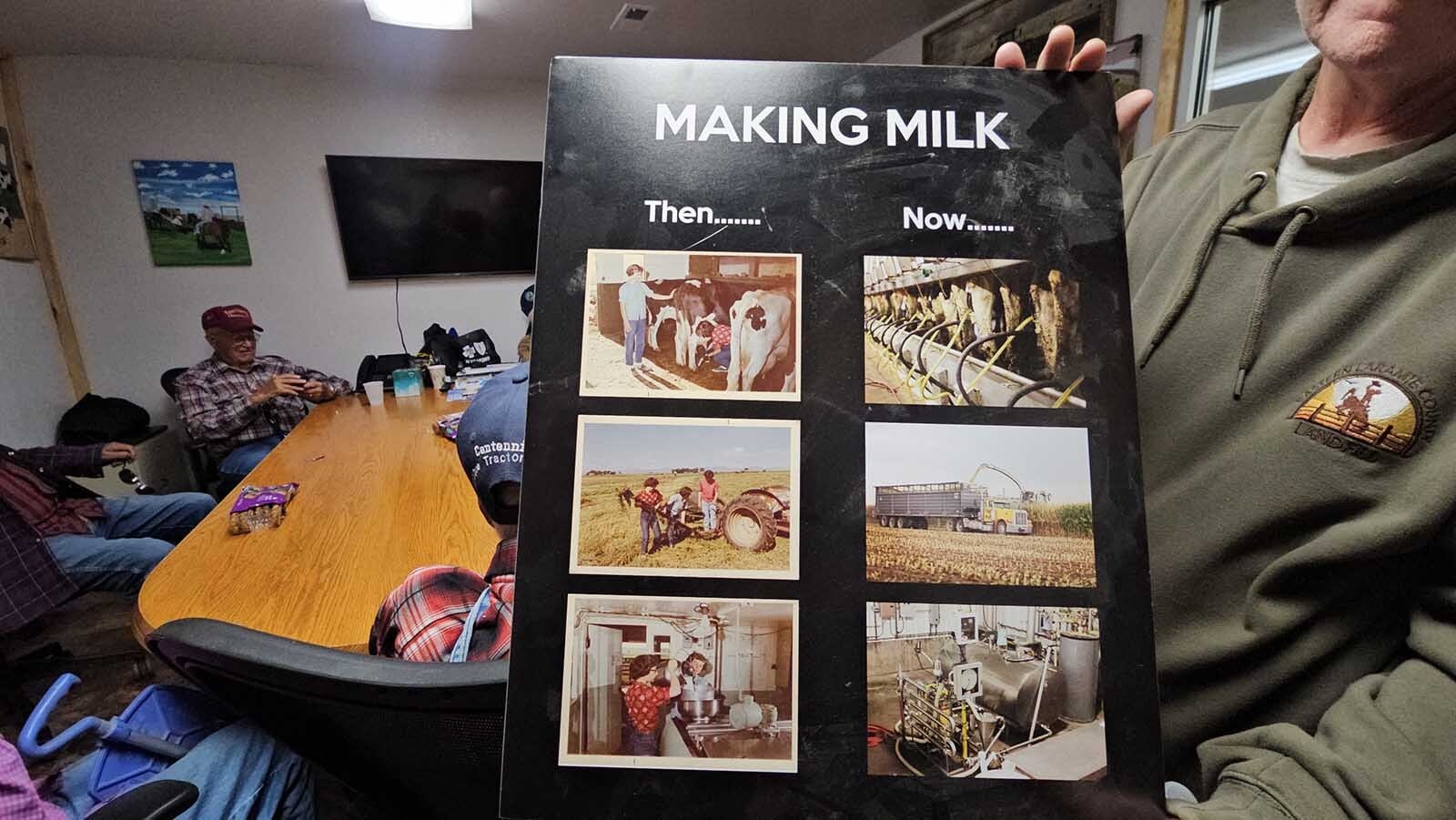 A then and now photo that shows old-time dairy operations versus what Burnett Enterprises is doing now.