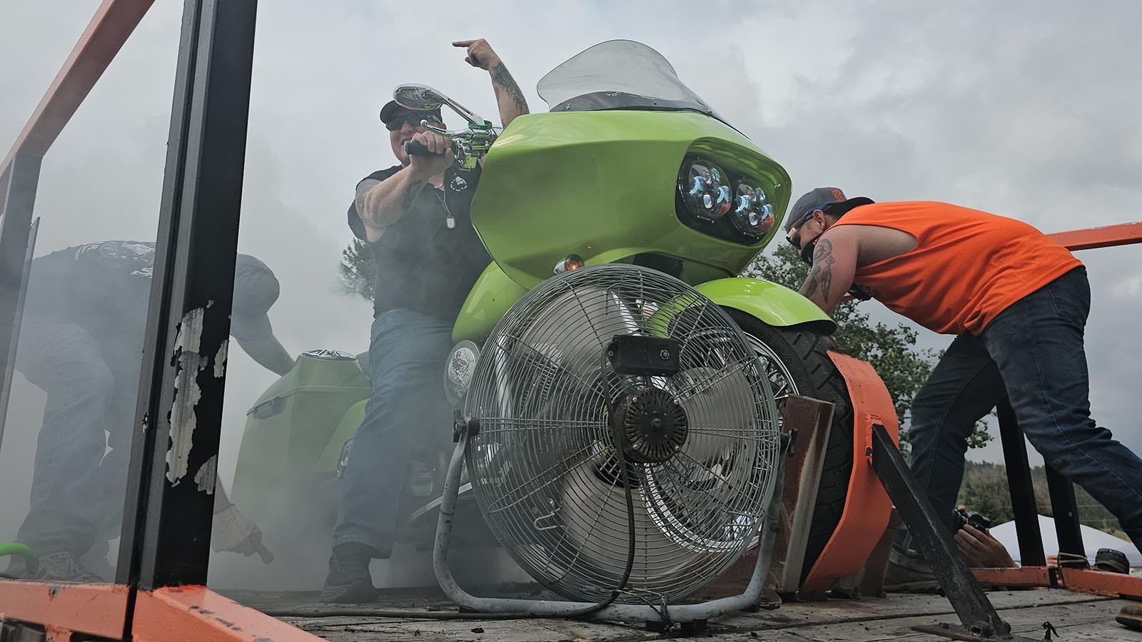 A burnout contestant in Sundance urges the crowd to cheer him on.