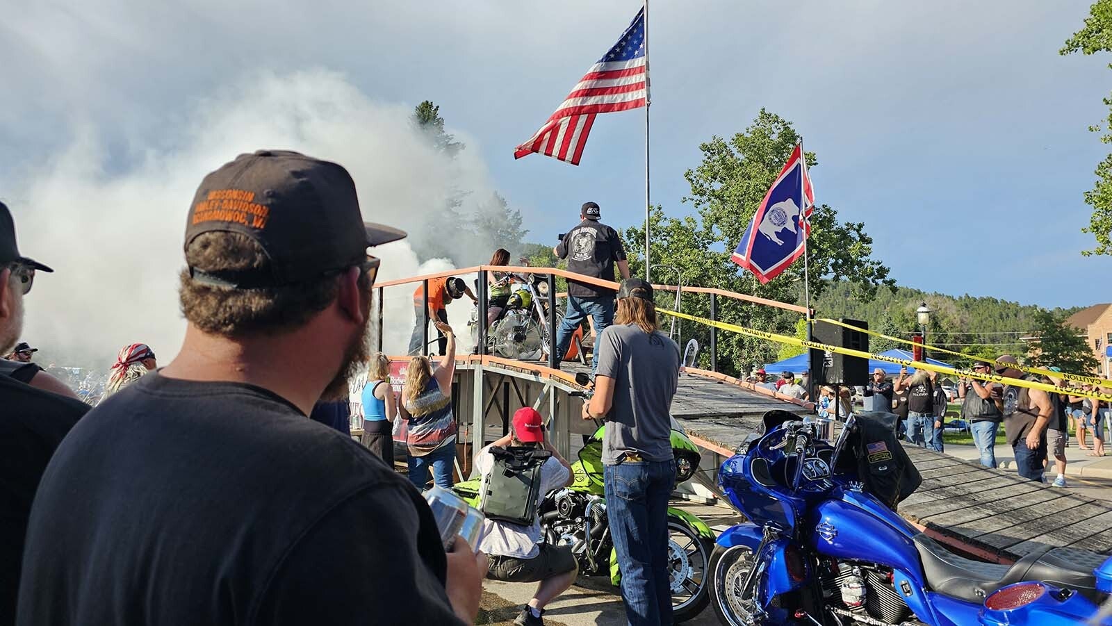 Dime Horseshoe Bar owner Jess Jones always does an exhibition burnout during the Sundance Burnout, which takes place annually during the Sturgis Motorcycle Rally on the Wyoming side.