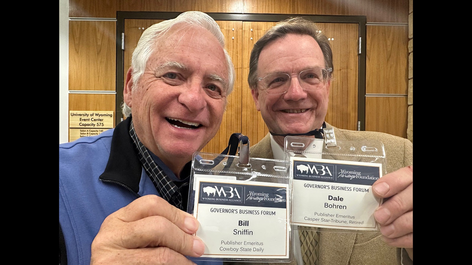 The only two people with the title “Publisher Emeritus” on their name badges were Columnist Bill Sniffin, left, of Cowboy State Daily and Dale Bohren of Casper, publisher emeritus of the Casper Star-Tribune.