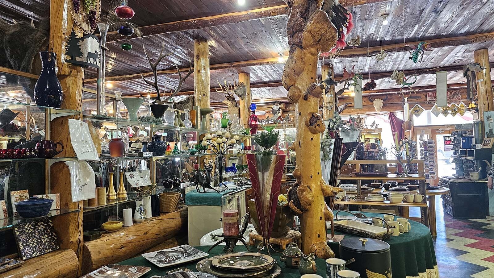 Knotty pine beams are spread throughout Welty's General Store.