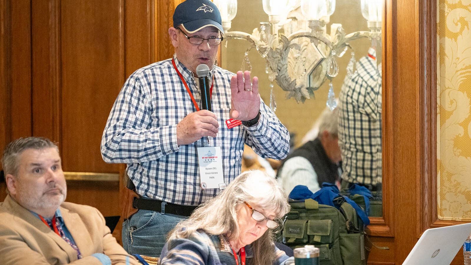 Vince Vanata from Park County speaks at the Bylaws Committee of the Wyoming Republican Party meets at Little America in Cheyenne on Thursday.