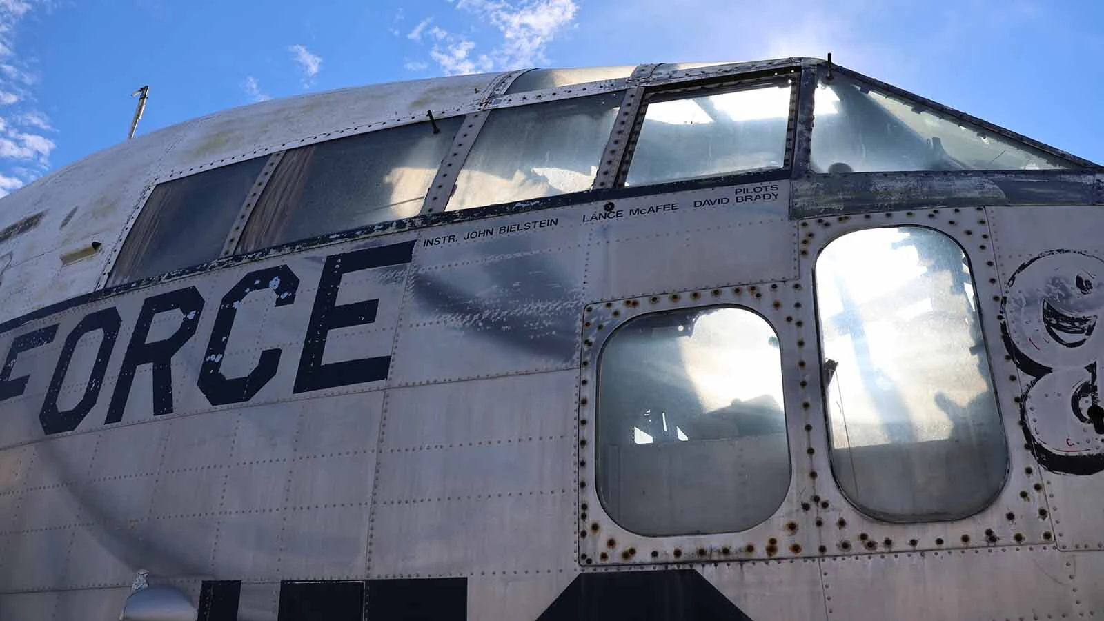 Former pilot names can still be seen on the co-pilot side of the aircraft.