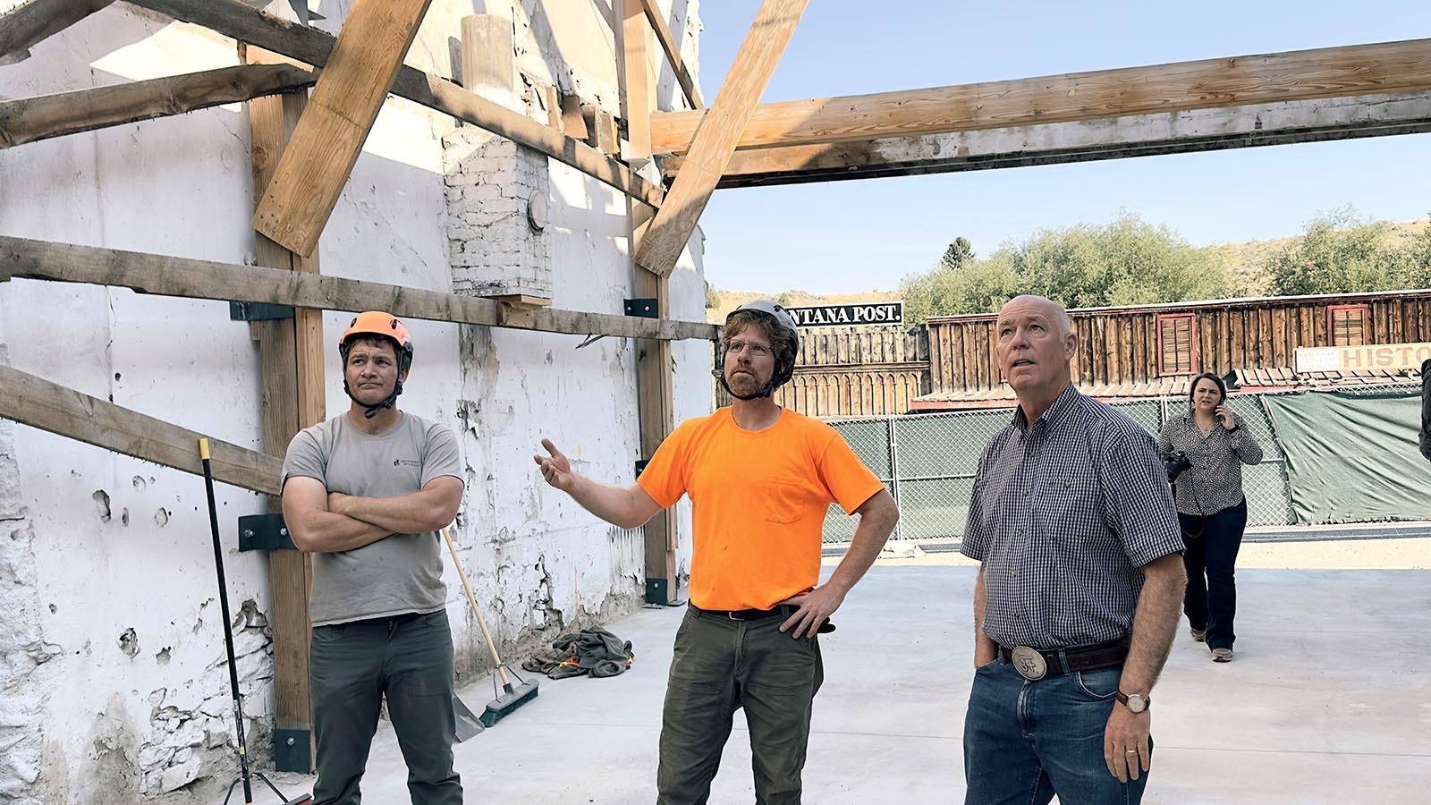 Gov. Greg Gianforte (right) tours renovation work at Stonewall Hall in Virginia City, Montana. It’s just one of many historic buildings maintained and preserved by the Montana Heritage Commission.