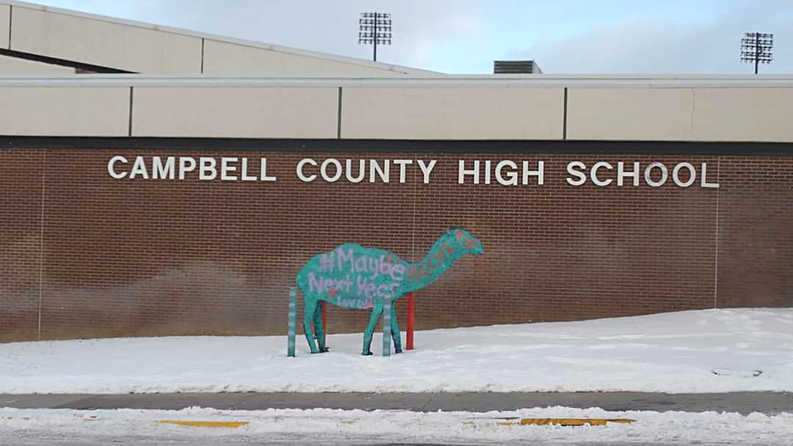 The camel in front of Campbell County High School in Gillette.