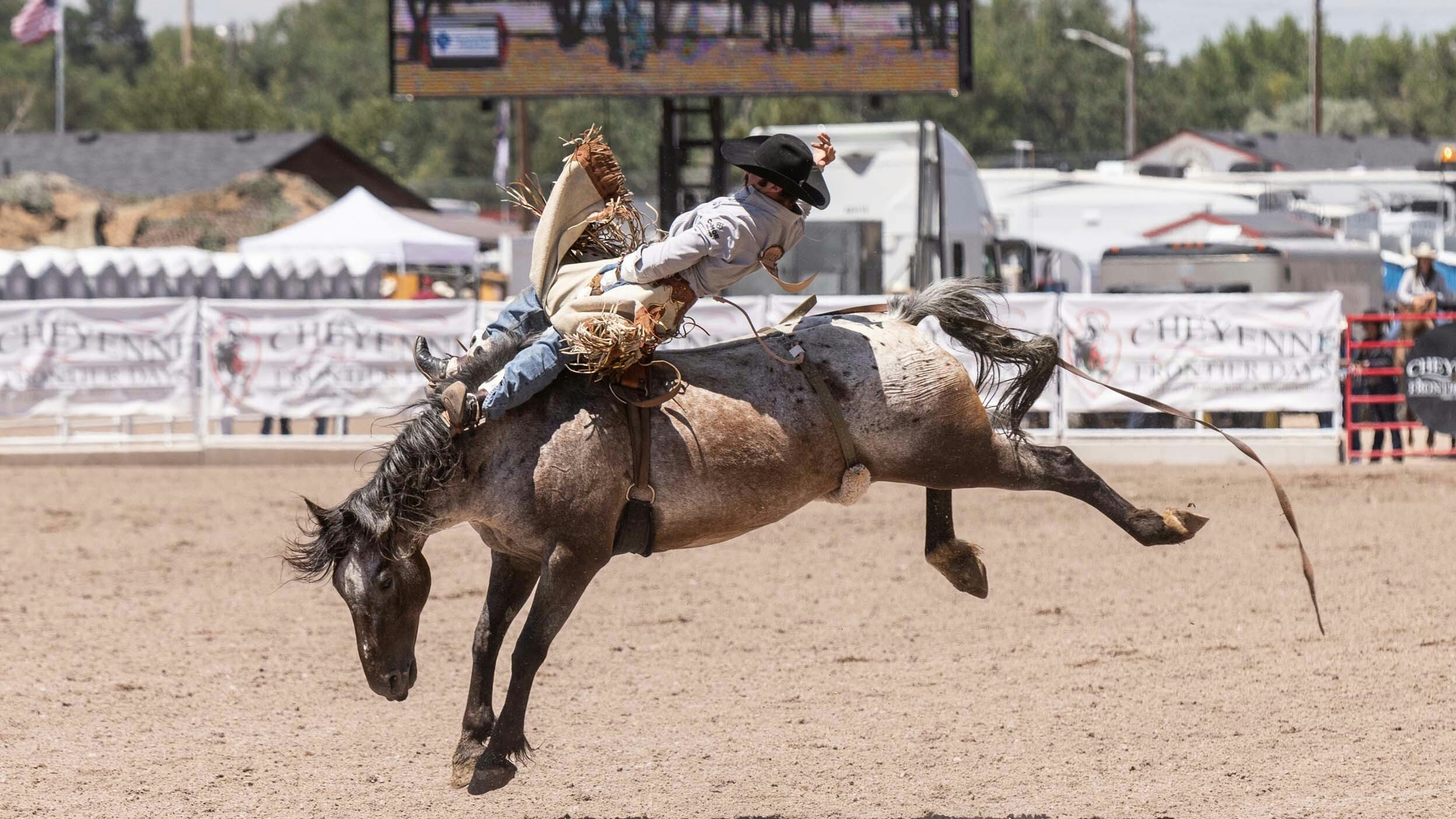 Donny Proffit from Diamondville, WY rides his bronc for a score of 84.50 in the Bareback Riding at Cheyenne Frontier Days on July 30, 2023.