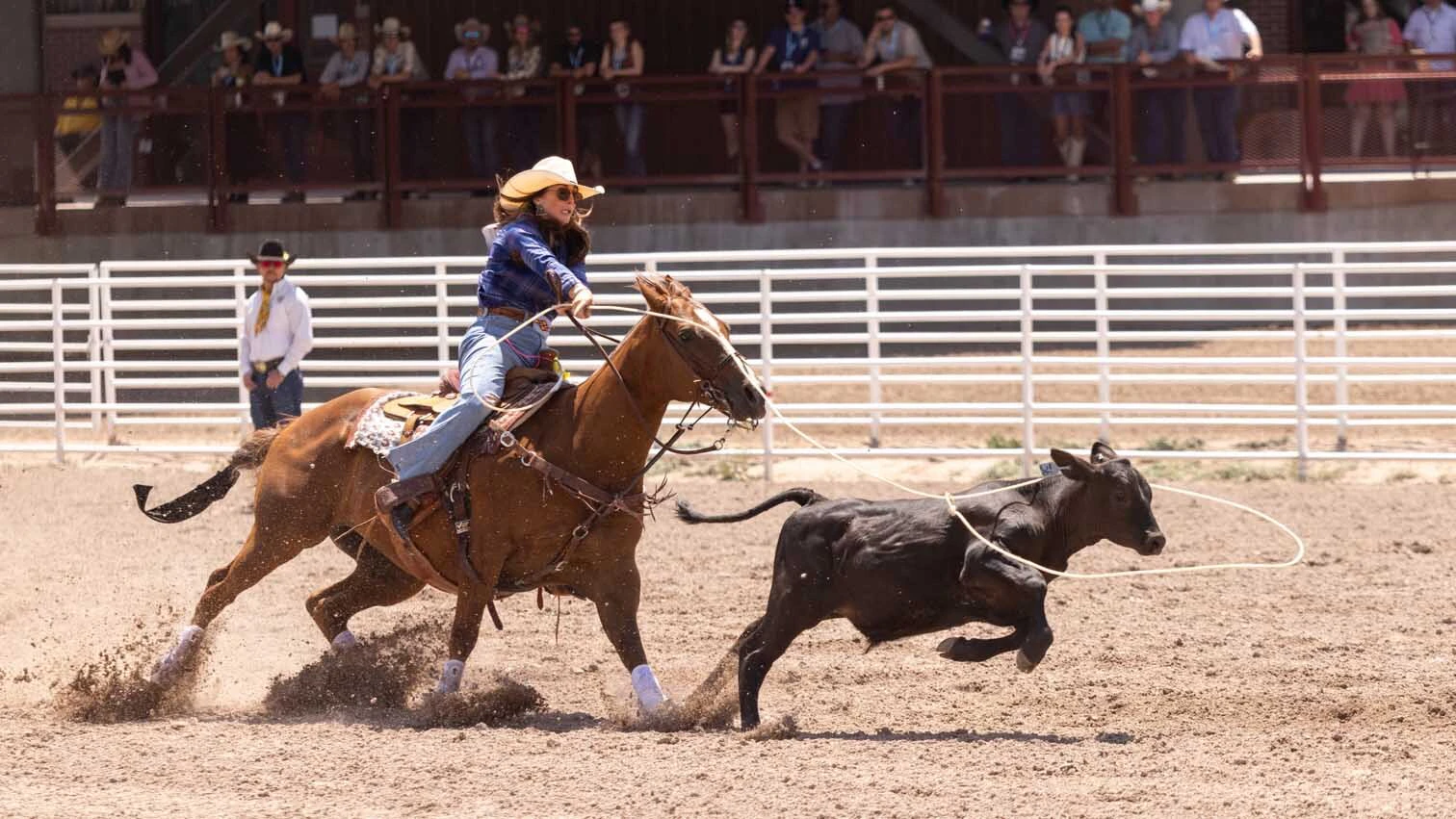 Caralee Anderson from Shoshoni, WY, in the breakaway roping at Cheyenne Frontier Days on July 25. 