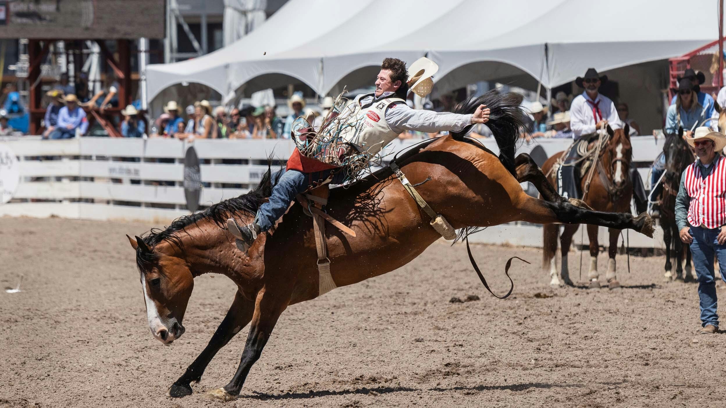 Kade Sonnier from Carencro, LA rides for a score of 87.50 in the Bareback Riding at Cheyenne Frontier Days on July 30, 2023. Kade won the CFD Championship in a 3 way tie with Cole Reiner and Clayton Biglow.