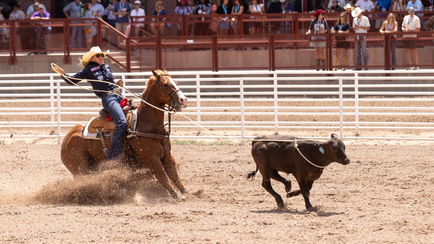 Cheyanne McCartney from Kingston, OK, in the breakaway roping. Cheyanne roped her calf in 5.1 seconds to win the breakaway roping at the rodeo at Cheyenne Frontier Days on Friday, July 24.