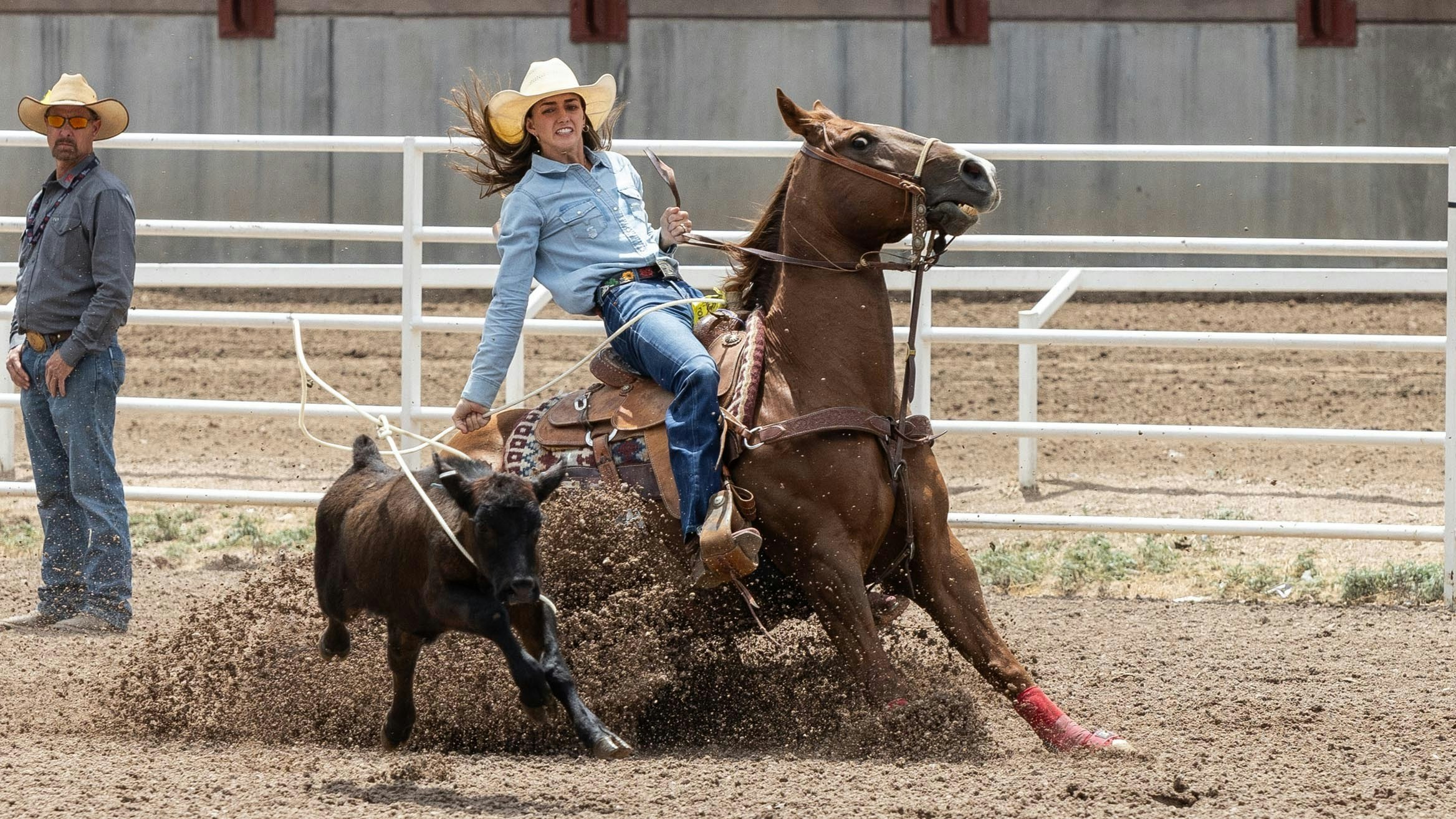 Shayla Hall from Belle Fourche, SD pulls her slack in the breakaway roping for a 4.4 second run at Cheyenne Frontier Days on July 26, 2023.