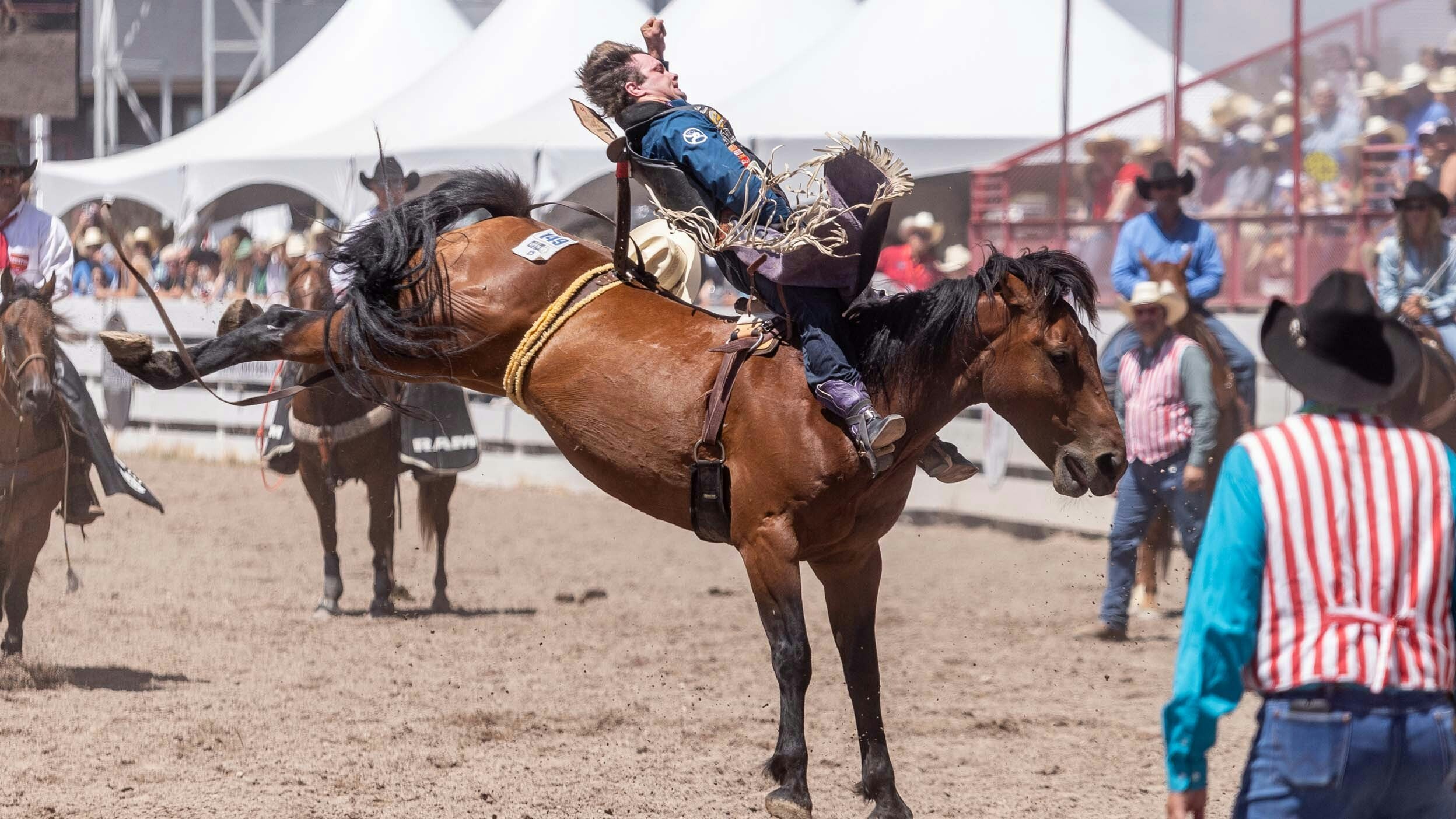 Cole Reiner from Buffalo, WY scores 87.50 in the Bareback Riding at Cheyenne Frontier Days on July 30, 2023. Cole won the CFD Champion Buckle, 3-way tie with Kade Sonner, and Clayton Biglow.