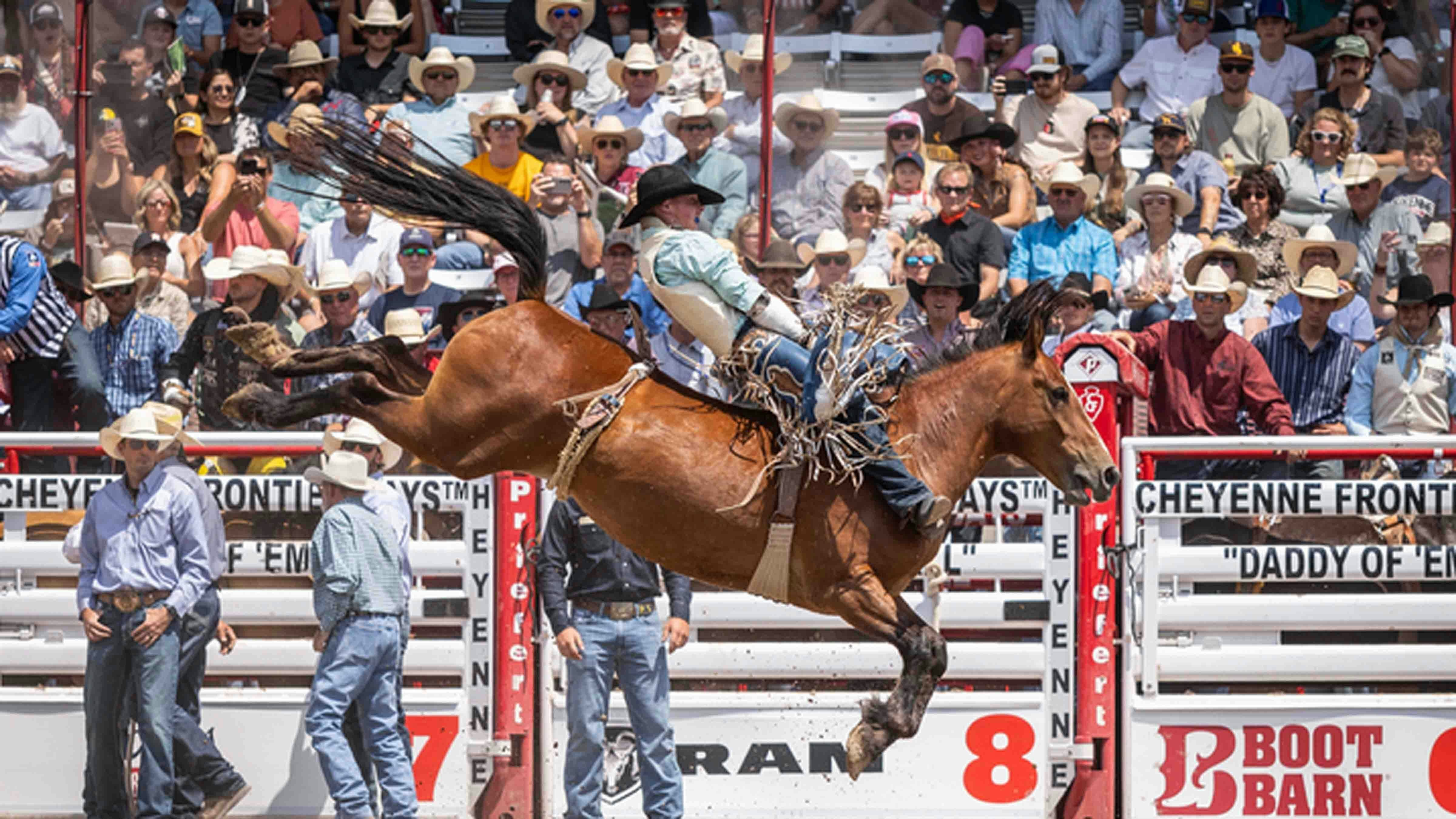 Clay Jorgenson from Watford, ND wins the bareback riding with a score of 90 points at Cheyenne Frontier Days on July 28, 2024.