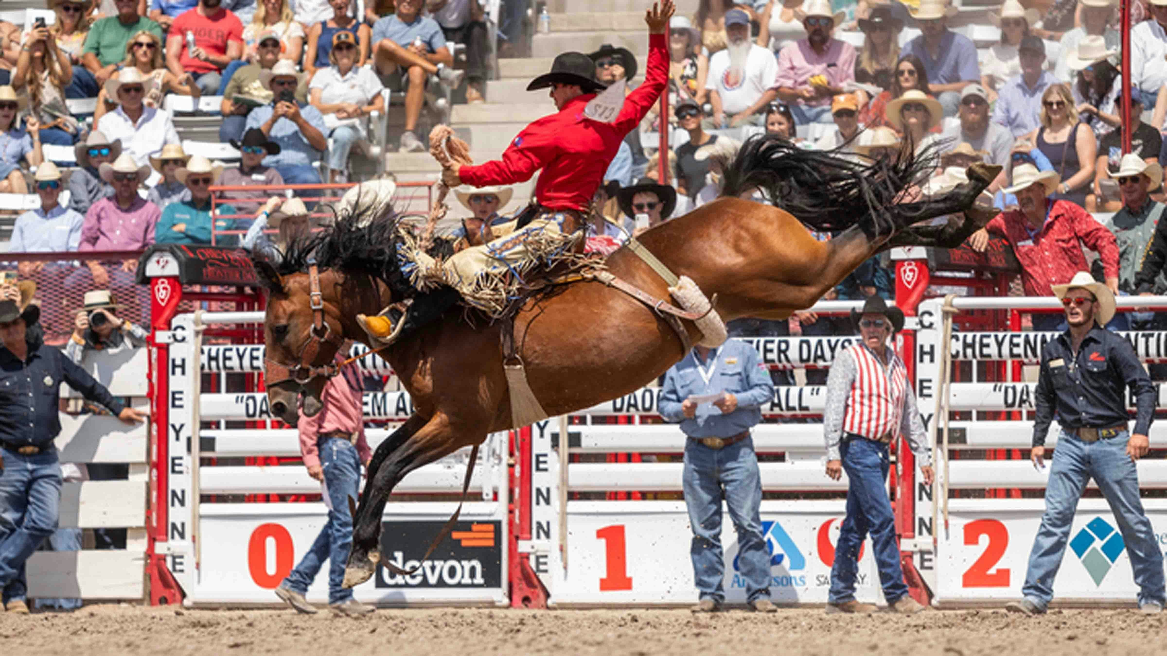 Logan Cook from Alto, TX rides his horse to win the saddle bronc riding with a score of 90 points on Championship Sunday at Cheyenne Frontier Days on July 28, 2024.