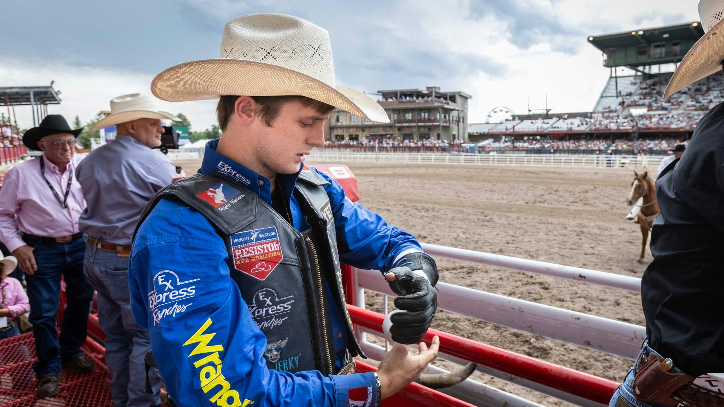 Stetson Wright from Milford, UT gets ready to ride his bull in the Bull Riding at Cheyenne Frontier Days on July 27, 2023.