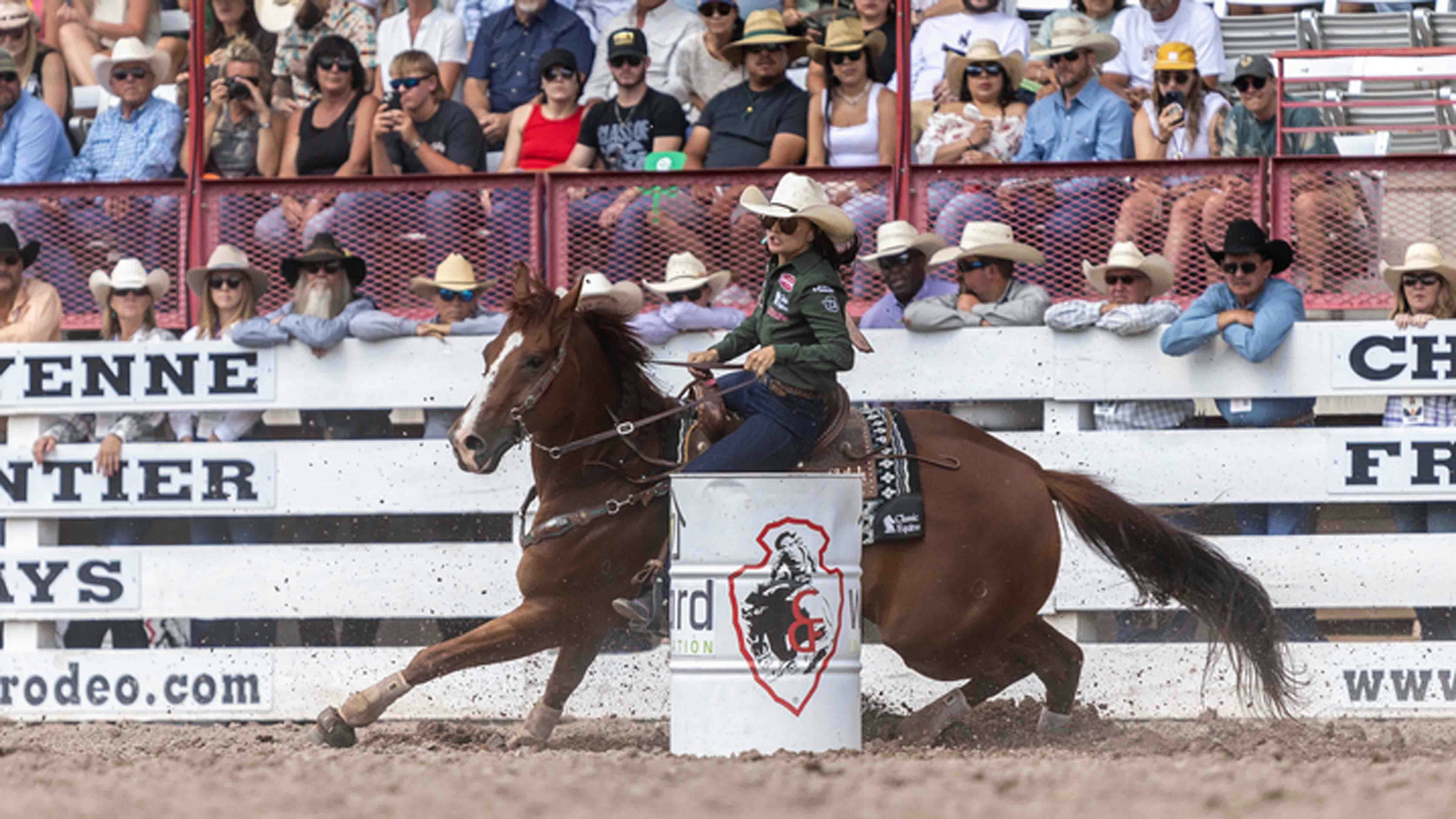 Jordon Briggs from Tolar, TX runs the barrels in 17.06 seconds to win Cheyenne Frontier Days on Championship Sunday on July 29, 2024.