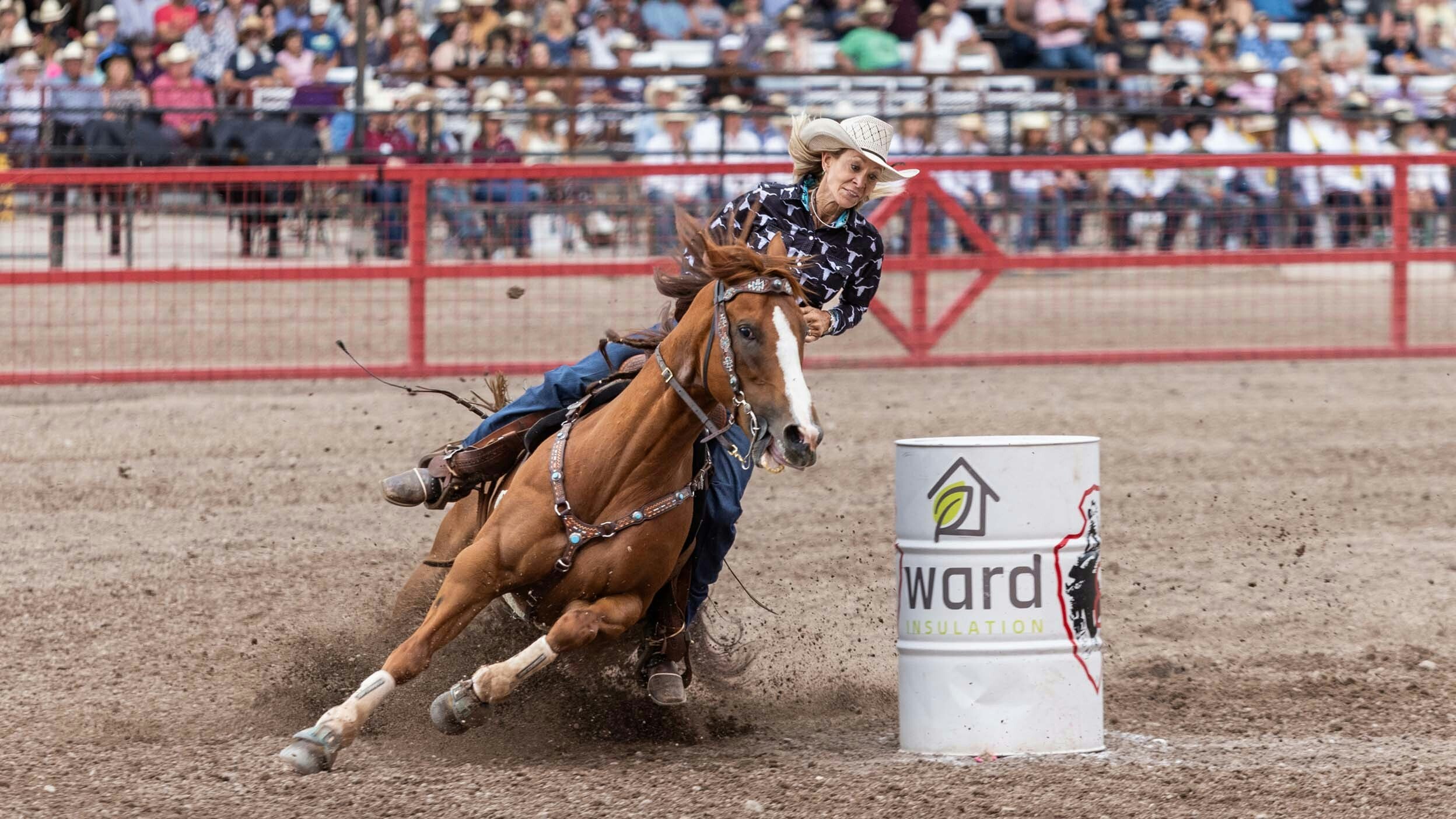Sue Smith from Blackfoot, ID sets the fastest time record at Cheyenne Frontier Days with a 16.89 second run to win the CFD Barrel Racing Championship.