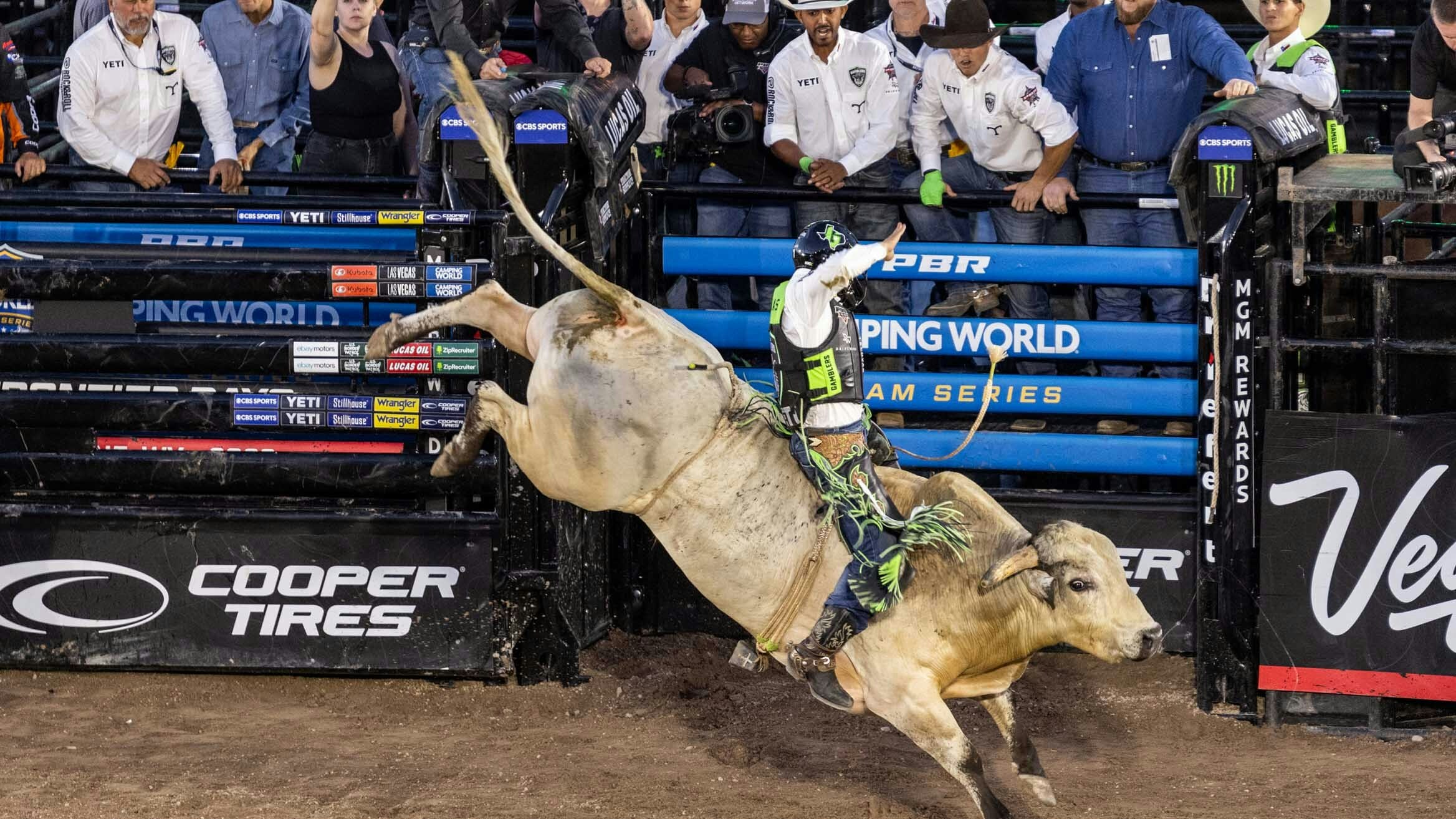 Bull riding action at the Professional Bull Riders Team Series Event at Cheyenne Frontier Days on July 25, 2023.