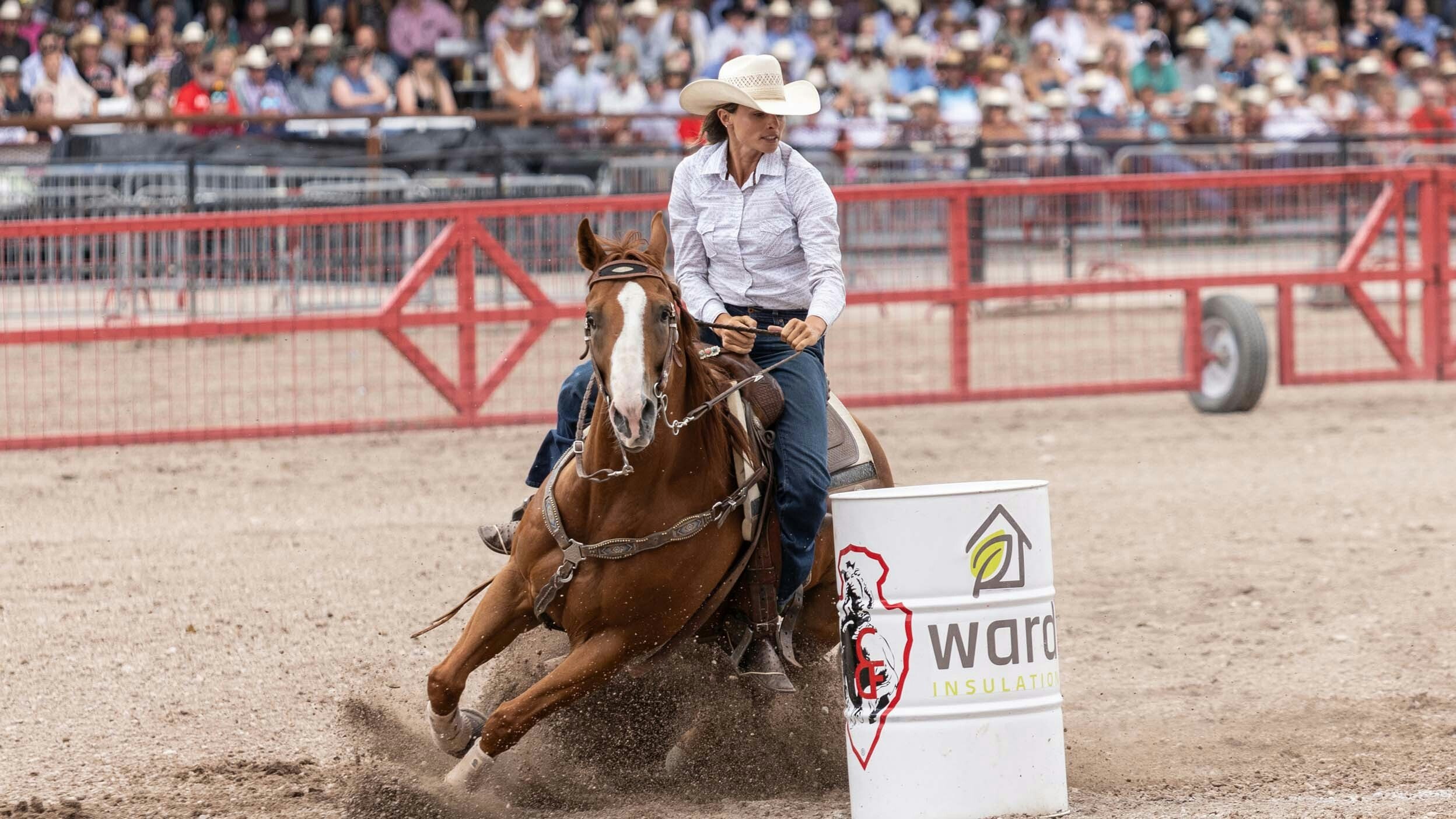 Shyann Lucas from Jackson, WY competes in the Barrel Racing at Cheyenne Frontier Days on July 29, 2023.