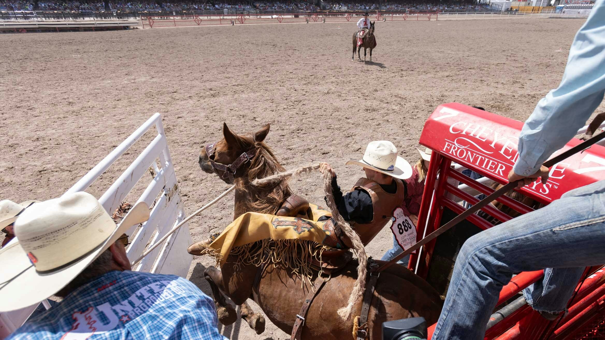 Q McWhorter from San Luis Obispo, CA spurs his horse out of the chute in the Saddle Bronc Riding at Cheyenne Frontier Days on July 24, 2023.