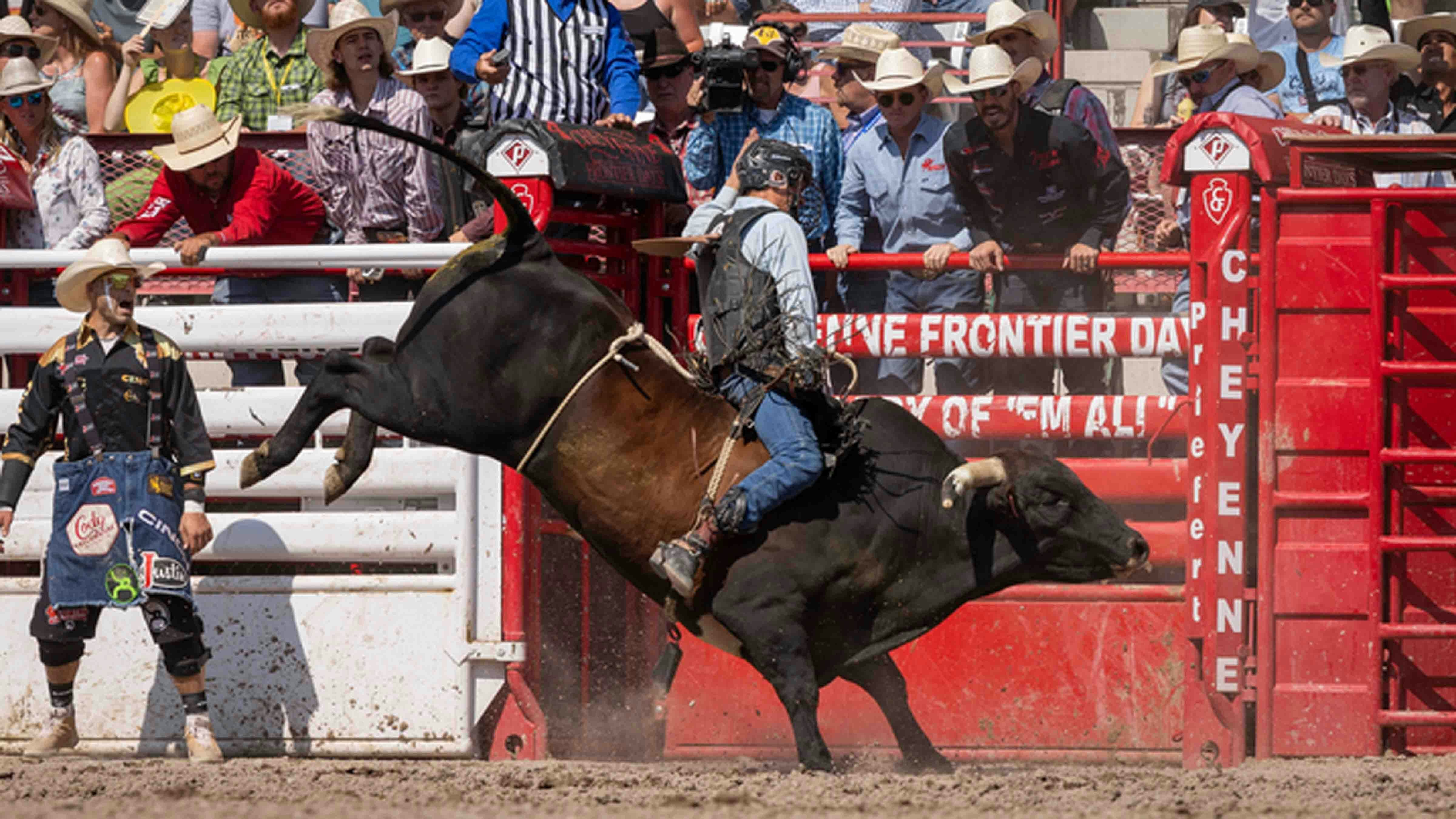 TJ Gray from Dairy, OR rides his bull to score 90 points to win the bull riding on Championship Sunday on July 29, 2024 on Cheyenne Frontier Days.