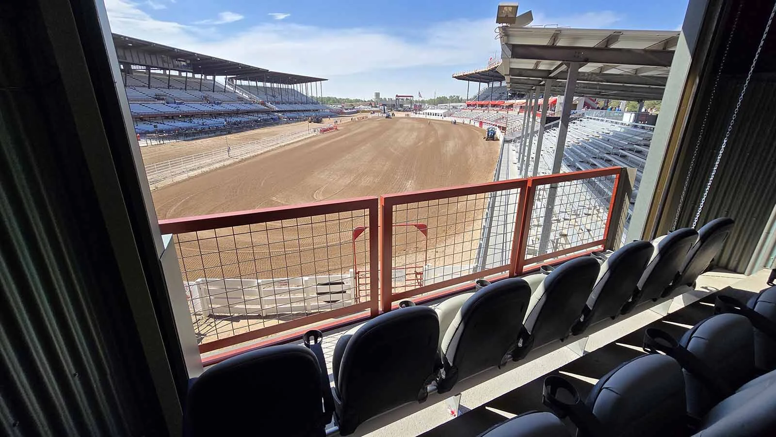 The view from one of the private party rooms above Chute 9 for Cheyenne Frontier Days. The room has a "skybox" feel, though it is open to the elements.
