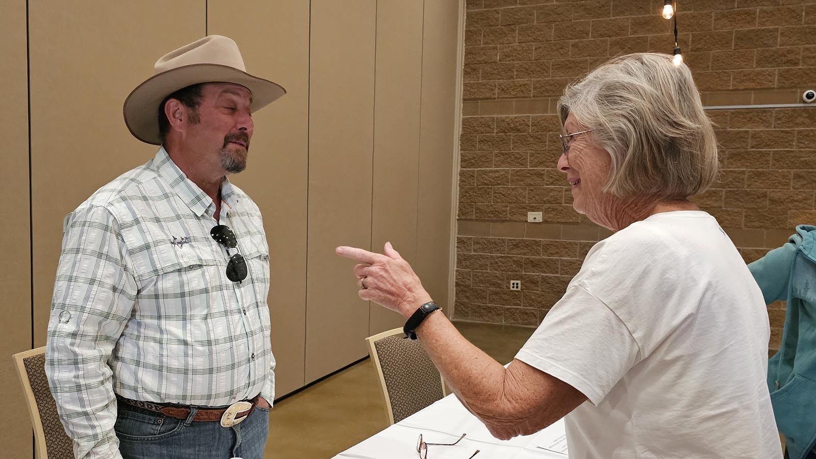 C.J. Box talks to a fan before the Sleuthing with Joe Picket Event for Saratoga Museum during the cocktail hour.