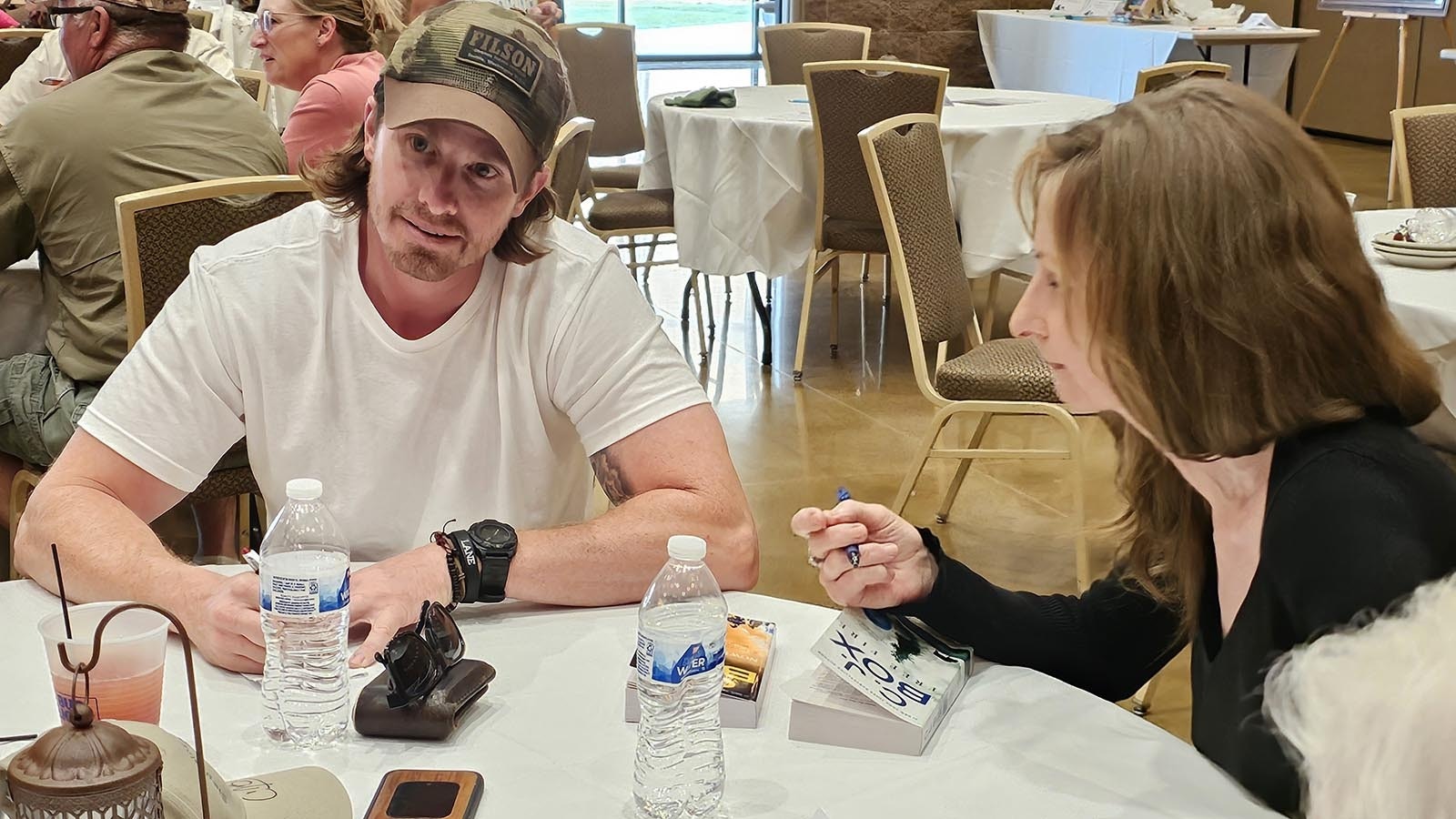 Alex Freeman, left, with his mom, Deborah Underwood, came out West for a bucket-list adventure. It became an even bigger adventure when they found out CJ Box would be at the Sleuthing With Joe Pickett event for Saratoga Museum.