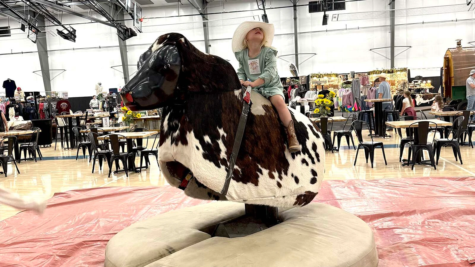 A young rodeo fan takes a spin on a mechanical bull during the CNFR vendor expo, where shopping, food and family activities accompanied the rodeo action.
