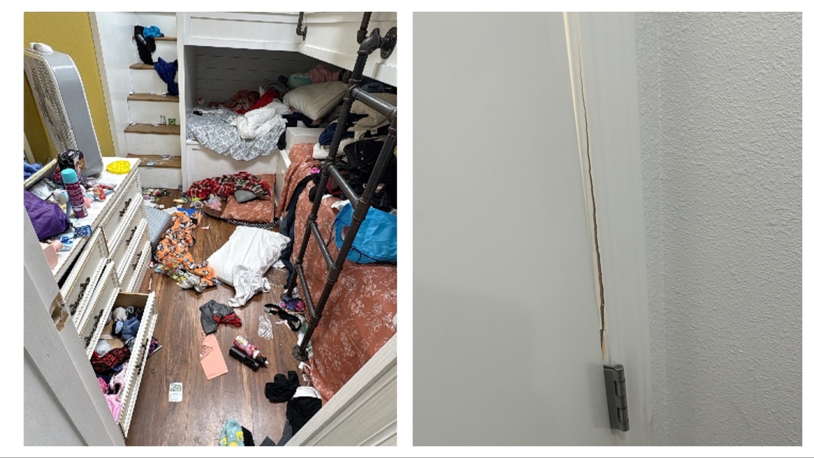 A family left their bedroom trashed after being evicted from the COMEA shelter. A bathroom door that was kicked shows the damage that needs to be fixed at COMEA’s family shelter.