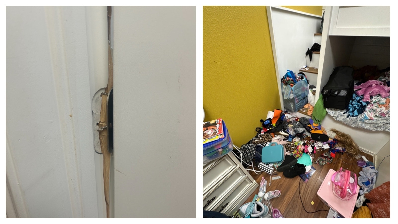 A bathroom door shows the hinge busted by an incident in COMEA’s family shelter. A bedroom at COMEA’s Journey Center for families after a mom and five children were evicted for an alcohol-fueled incident that involved the police being called.