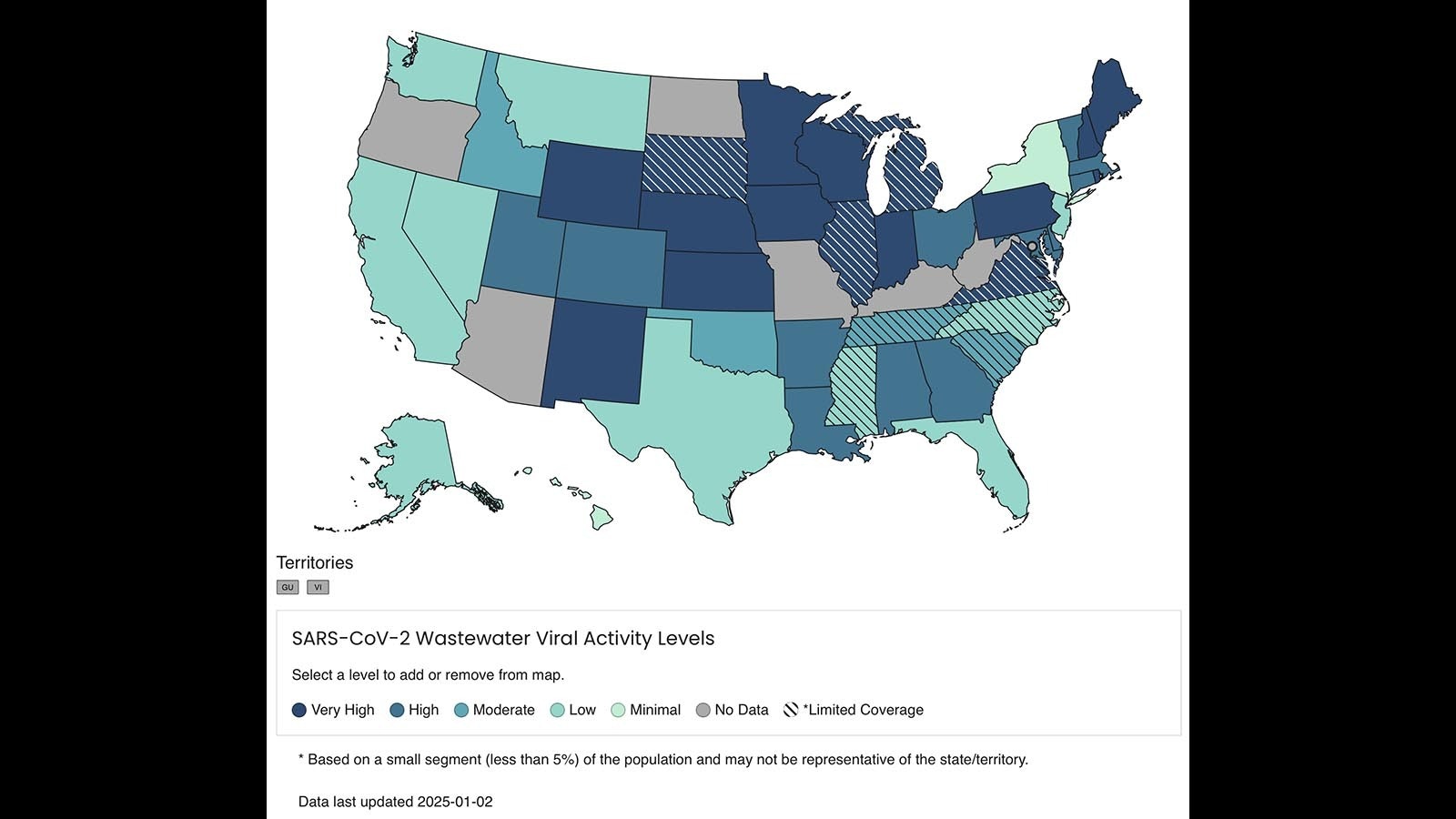 This map shows Wyoming measuring a "very high" COVID rated based on testing of wastewater.