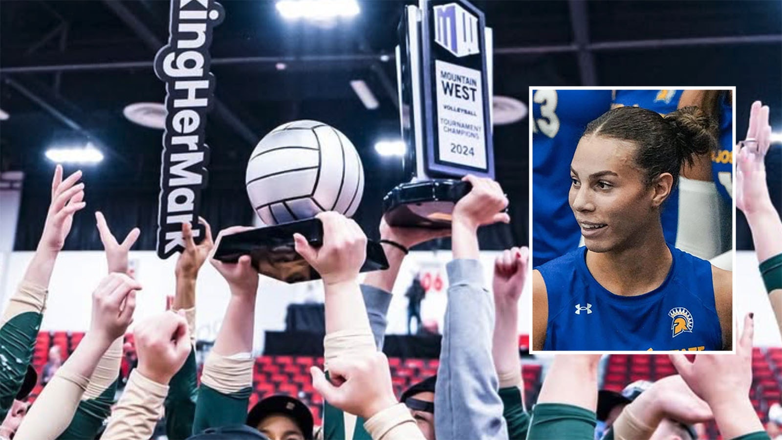 The Colorado State University volleyball team celebrates its Mountain West Conference championship win over San Jose State University, which has been targeted for controversy this season over a transgender player.