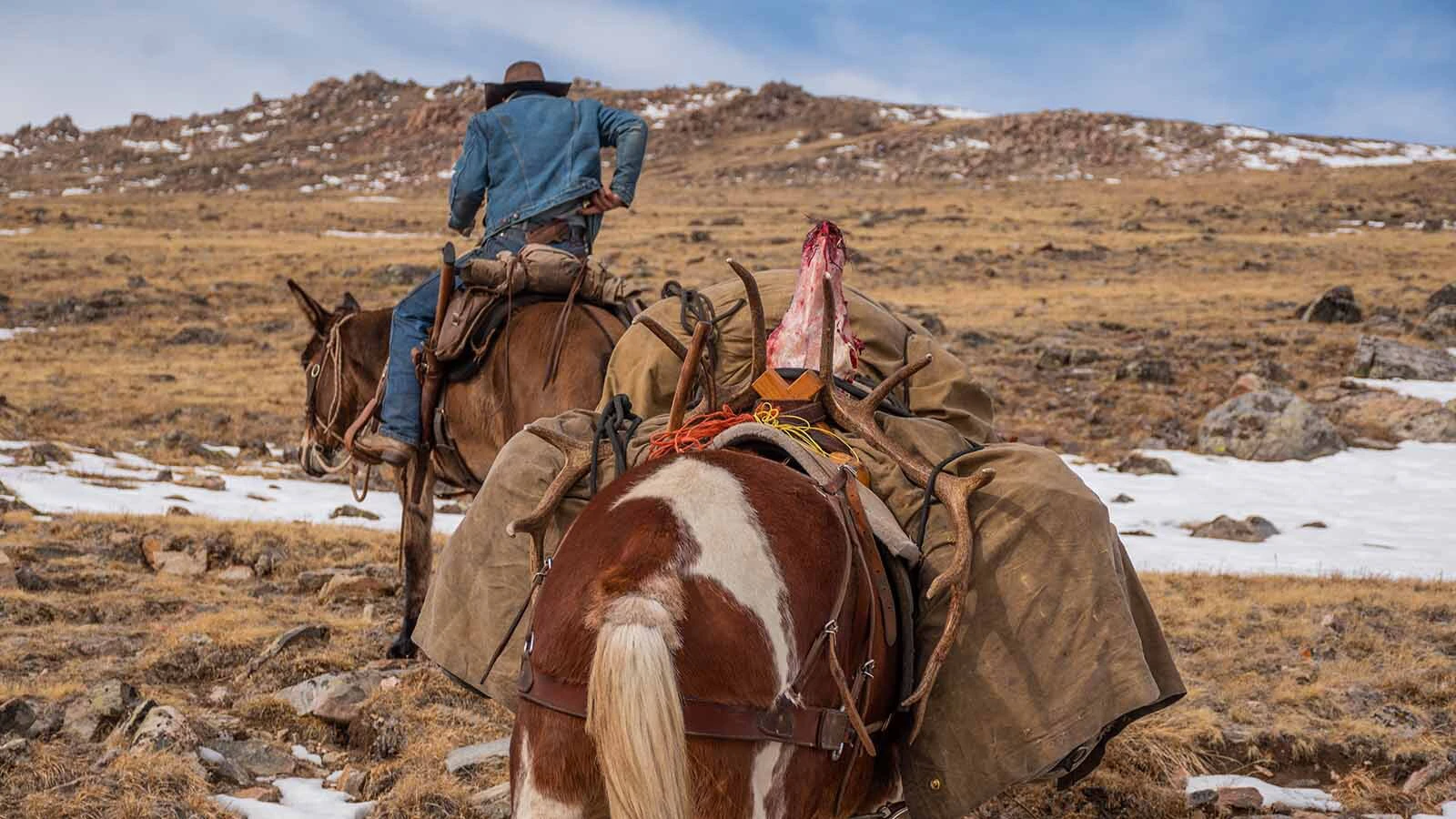 Cade Cole of Dubois used 1970s-style clothing, gear, and equipment for an elk hunt in the Wind River Mountains, in honor of his grandfather, Clifford Cole, and other hunters of that generation.